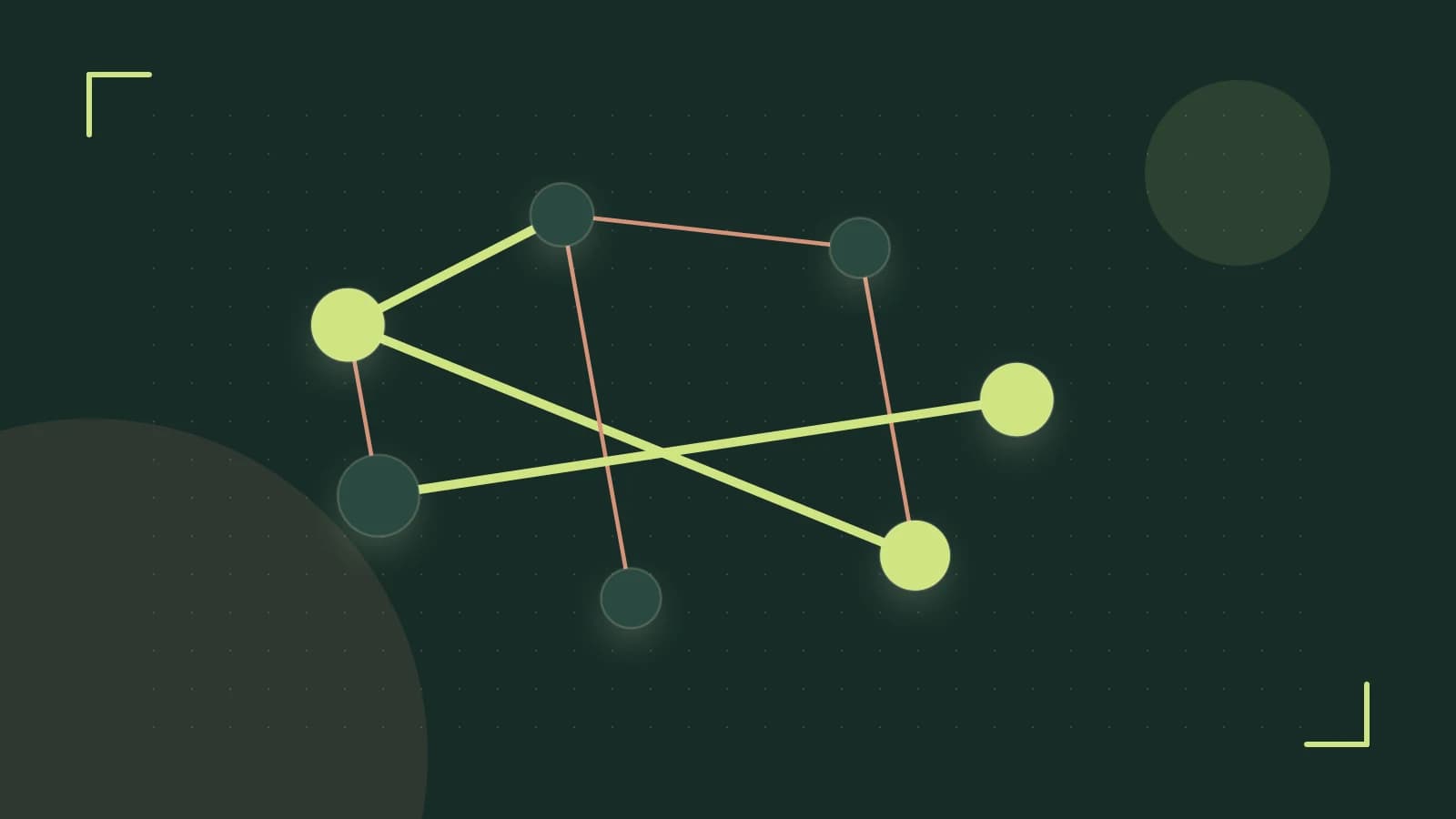 Editorial illustration of an algorithmic node graph with branching paths and a highlighted result