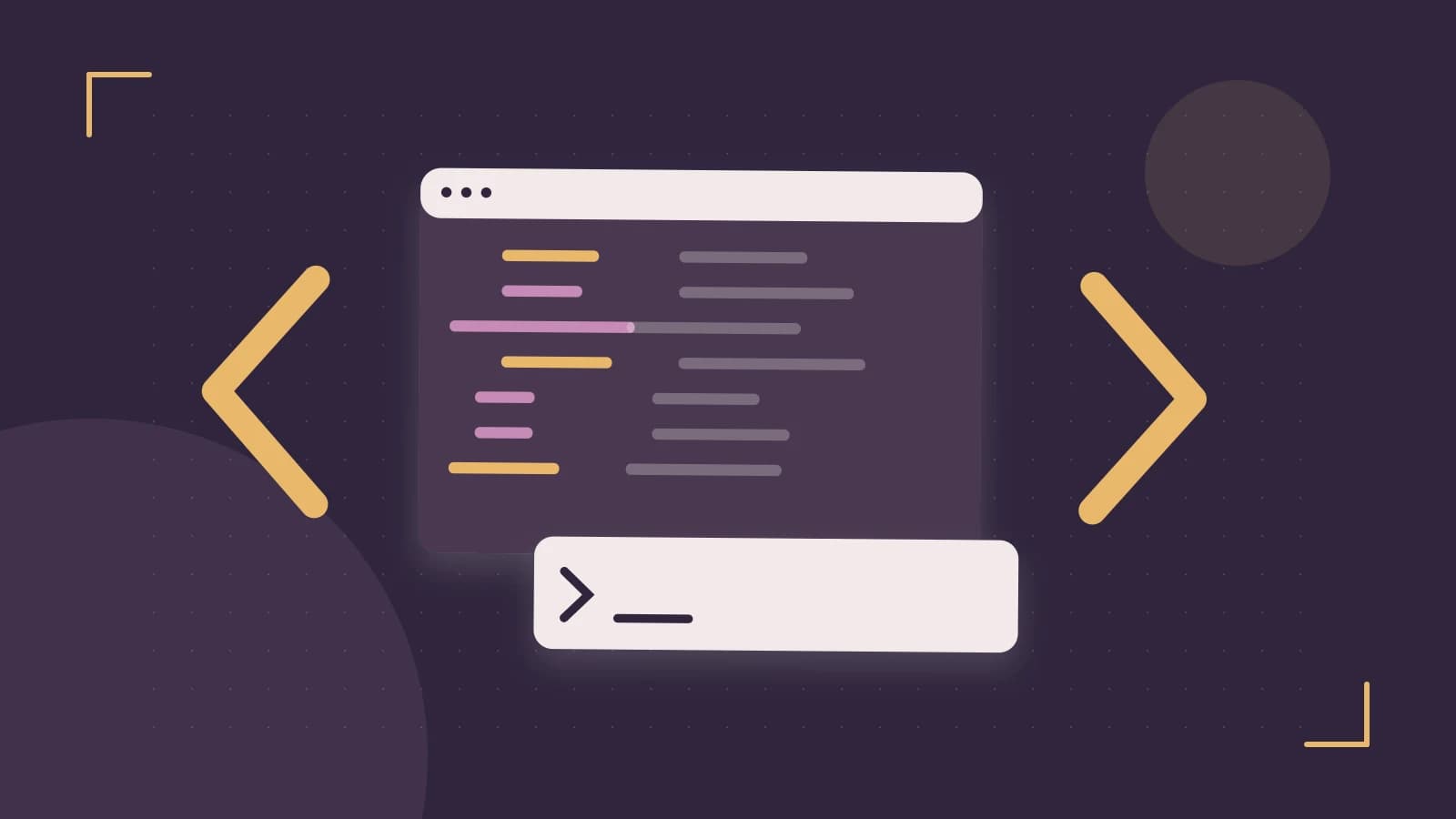 Editorial illustration of an abstract code editor, syntax blocks and oversized programming brackets