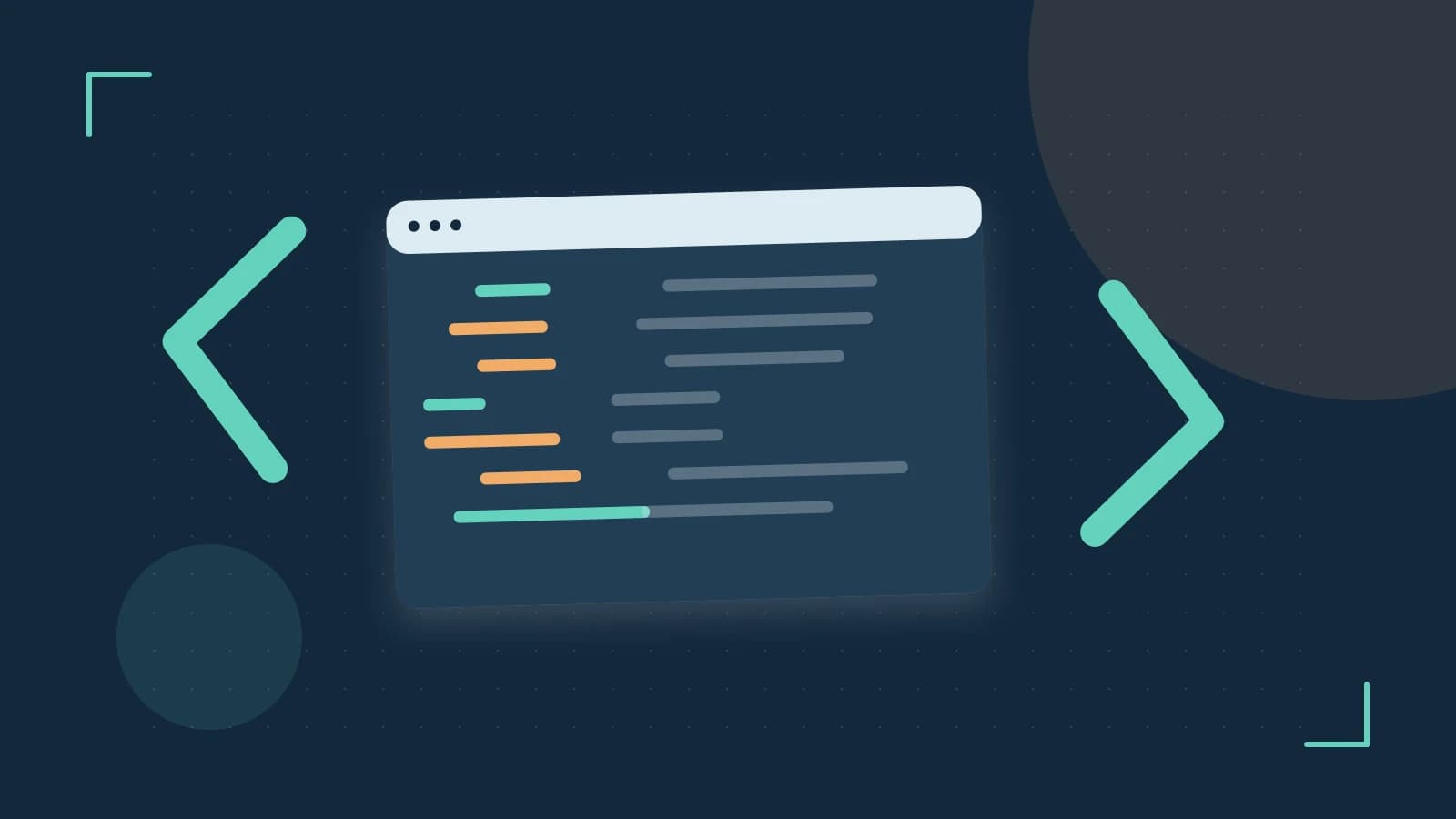 Editorial illustration of an abstract code editor, syntax blocks and oversized programming brackets