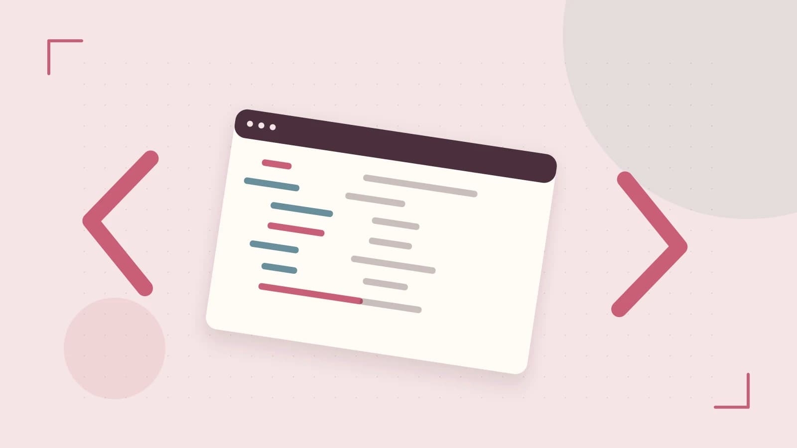 Editorial illustration of an abstract code editor, syntax blocks and oversized programming brackets