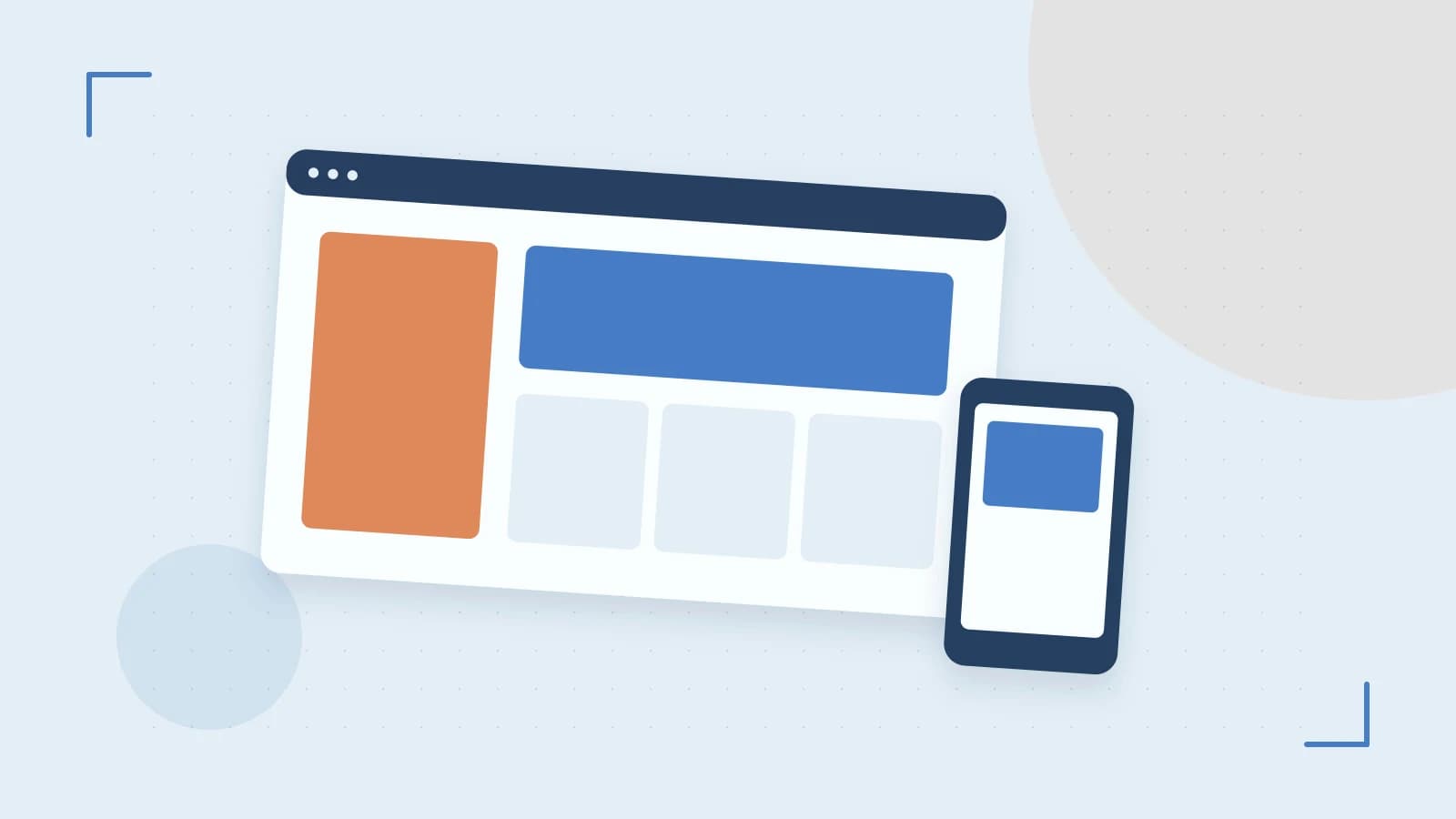 Editorial illustration of responsive browser layouts, overlapping design components and a color system
