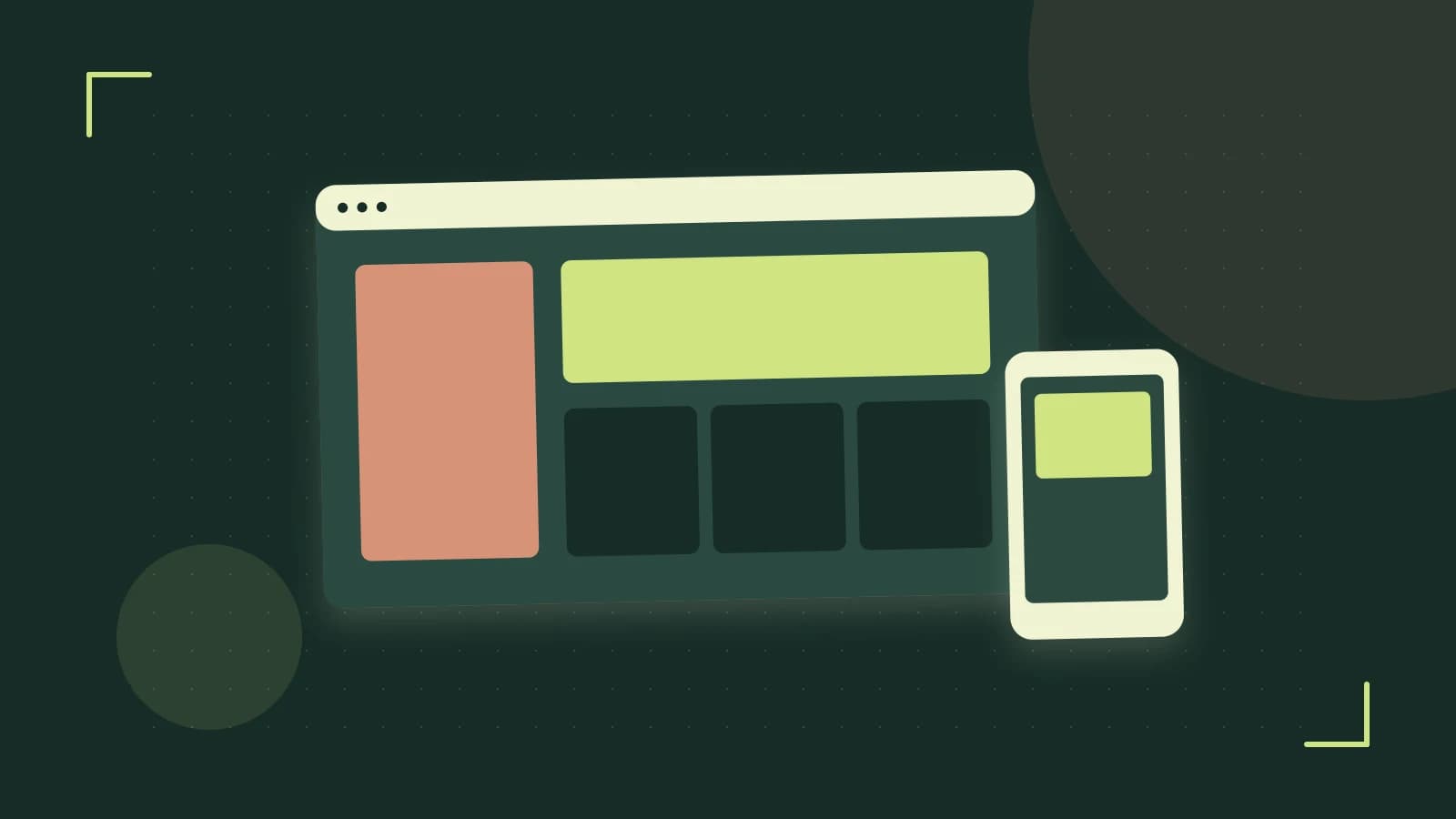 Editorial illustration of responsive browser layouts, overlapping design components and a color system