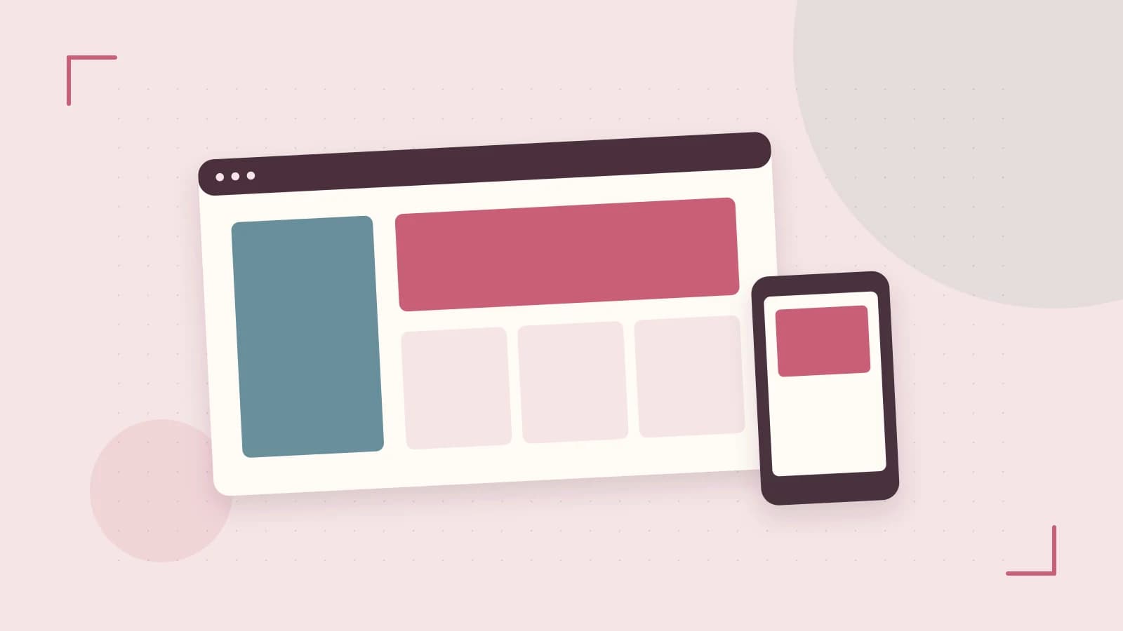 Editorial illustration of responsive browser layouts, overlapping design components and a color system