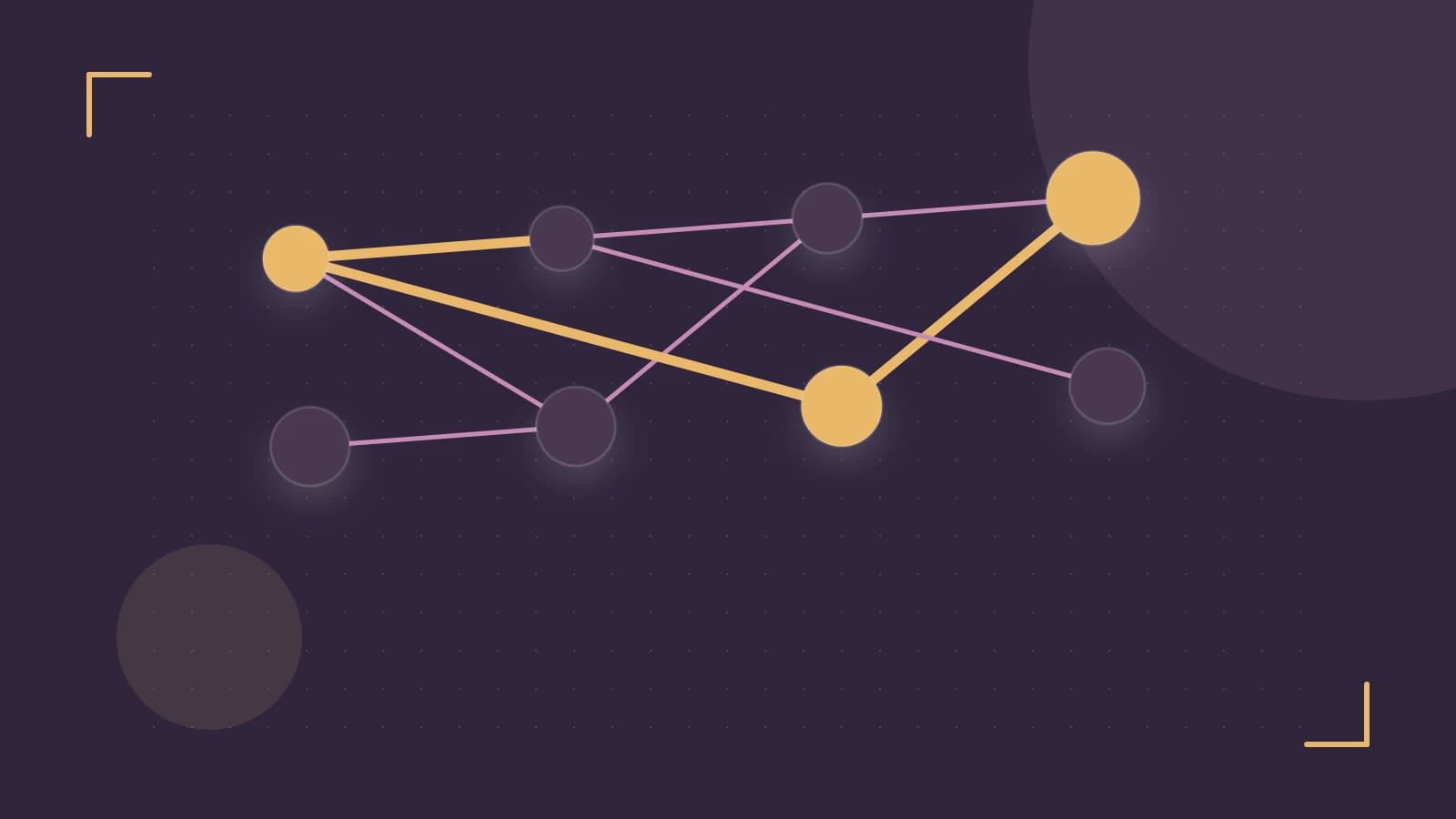 Editorial illustration of an algorithmic node graph with branching paths and a highlighted result