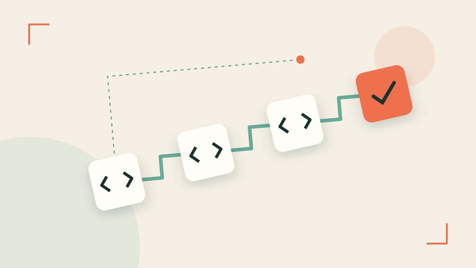 Editorial illustration of a branching build pipeline, staged transformations and a completed check