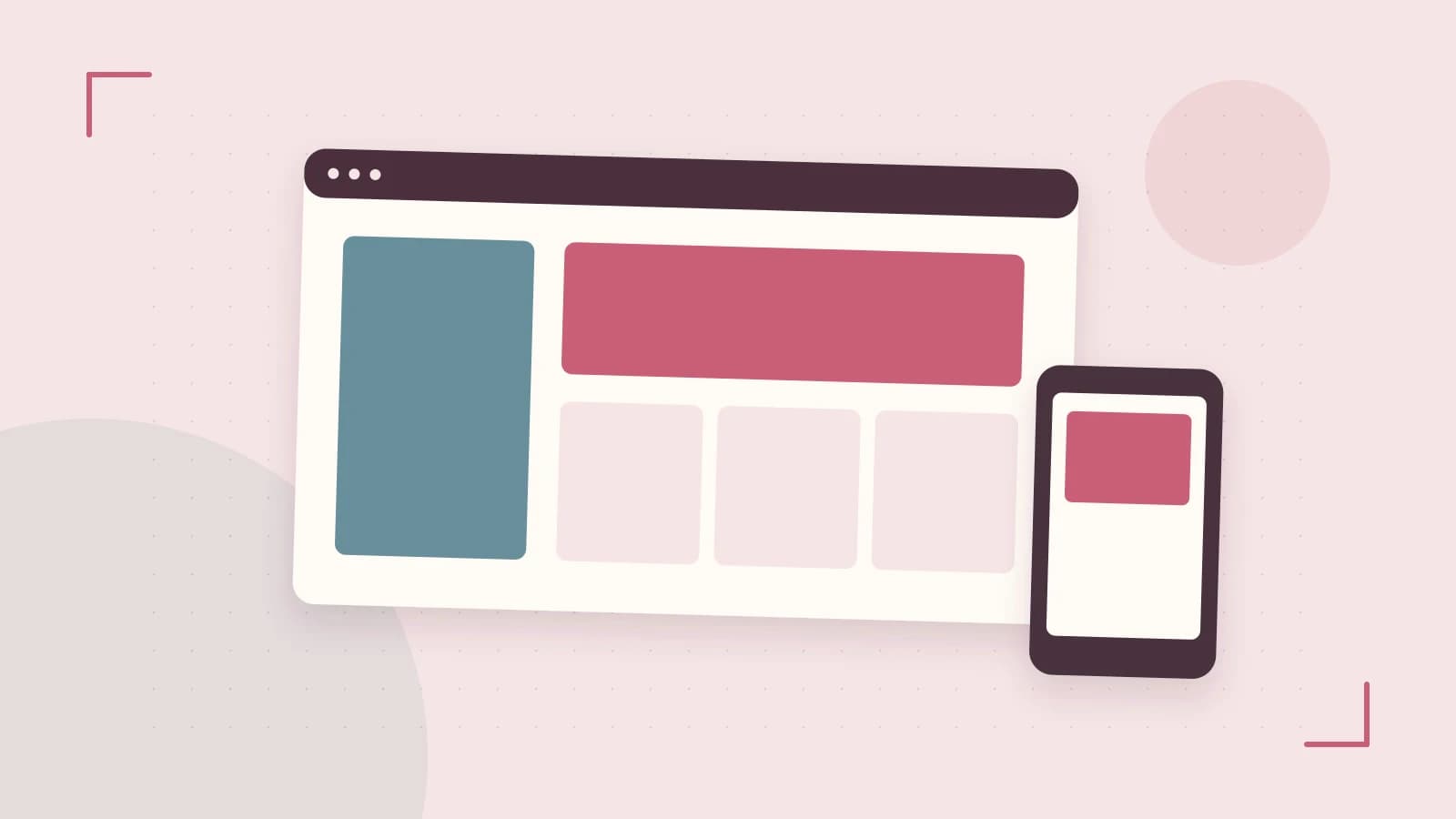 Editorial illustration of responsive browser layouts, overlapping design components and a color system
