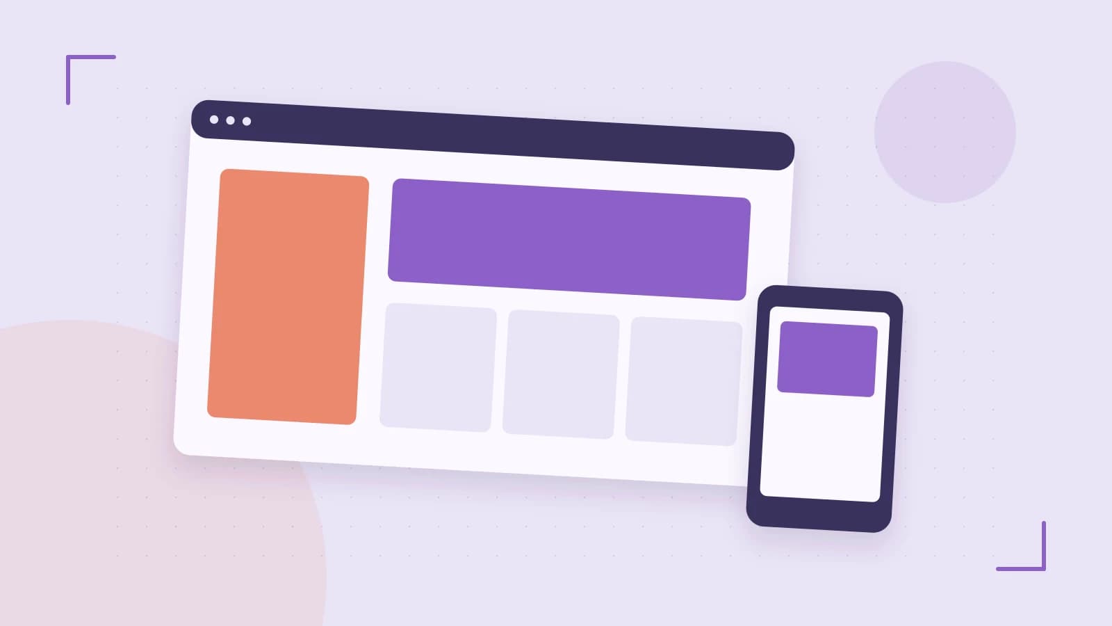 Editorial illustration of responsive browser layouts, overlapping design components and a color system