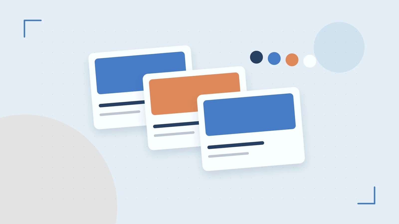 Editorial illustration of responsive browser layouts, overlapping design components and a color system