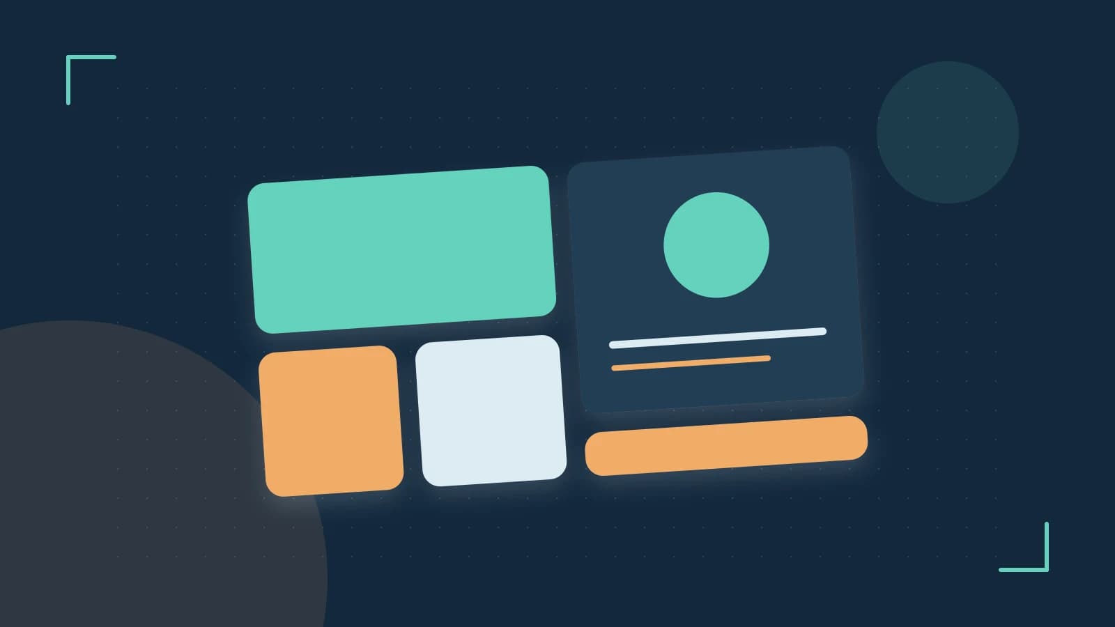 Editorial illustration of responsive browser layouts, overlapping design components and a color system