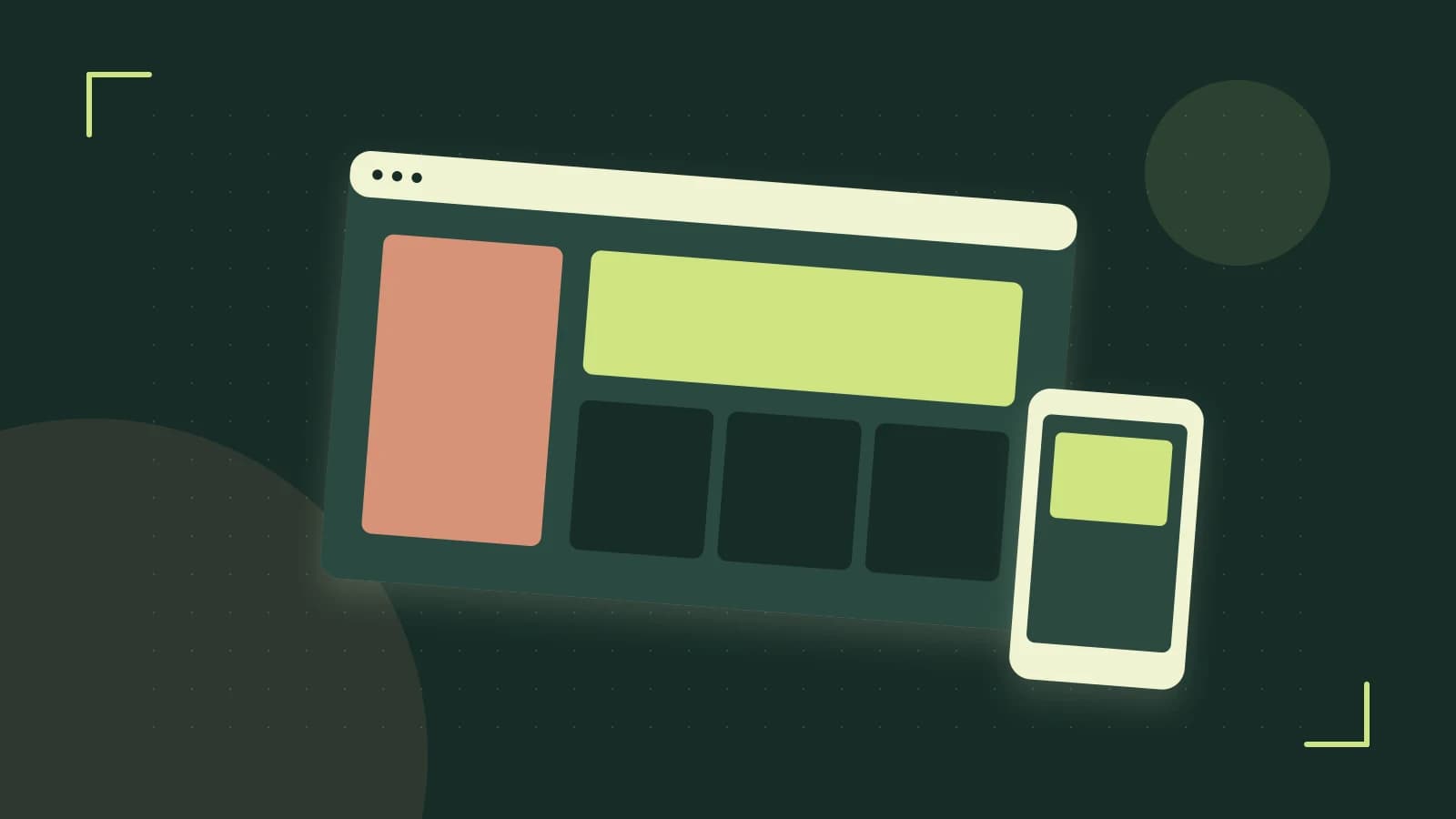 Editorial illustration of responsive browser layouts, overlapping design components and a color system