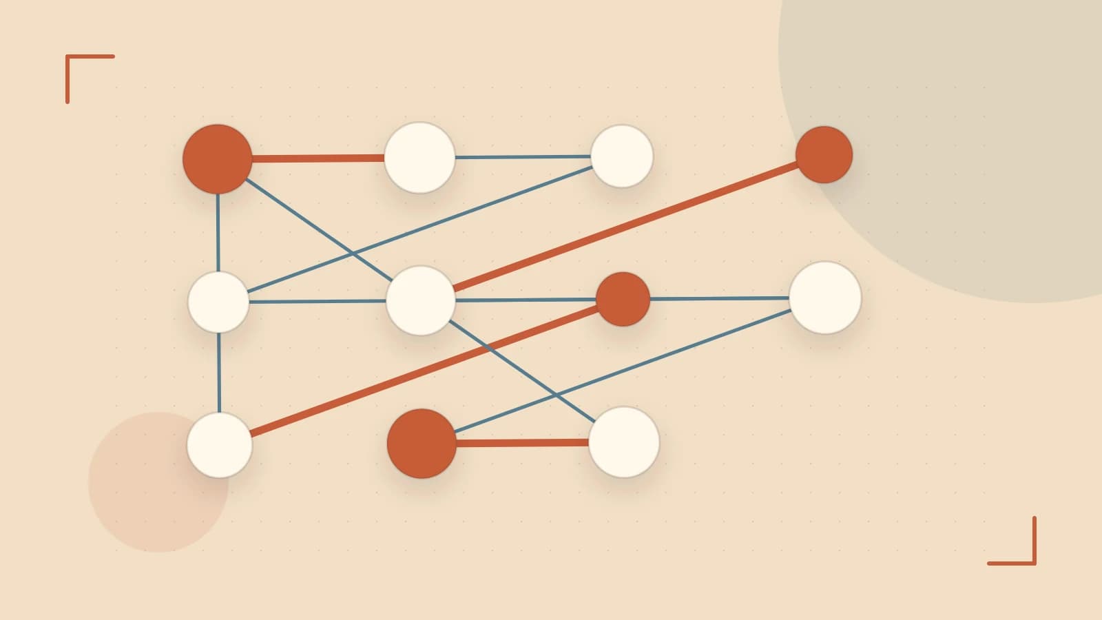 Editorial illustration of an algorithmic node graph with branching paths and a highlighted result