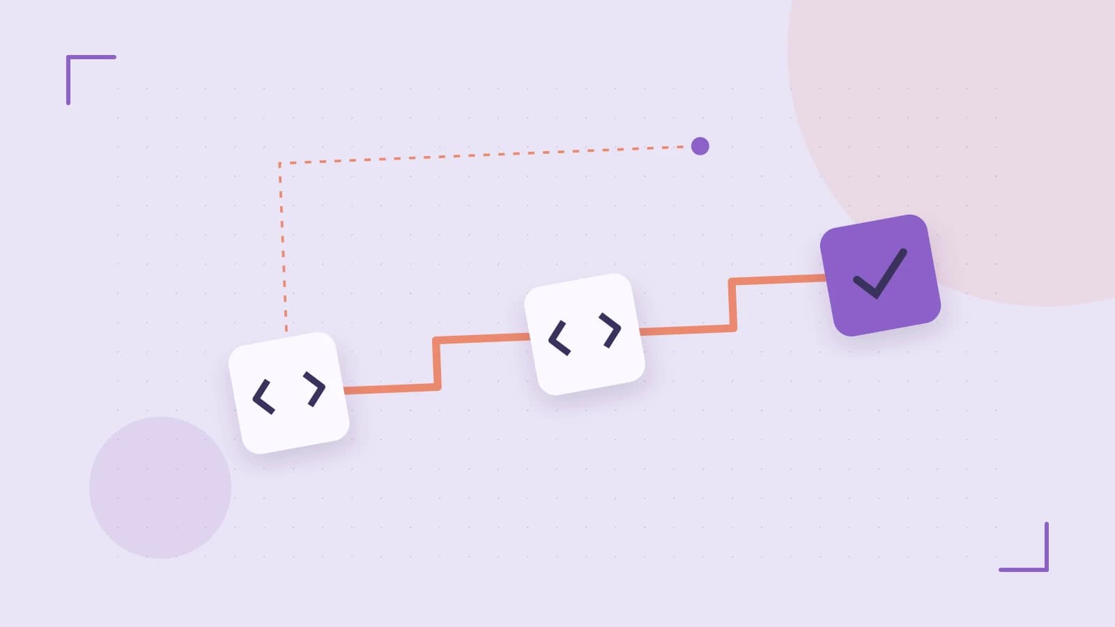 Editorial illustration of a branching build pipeline, staged transformations and a completed check