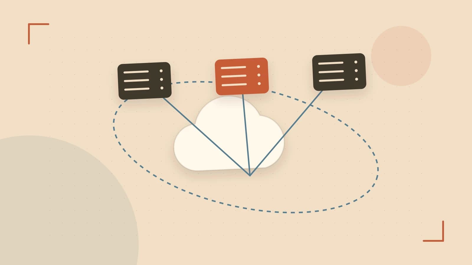 Editorial illustration of cloud infrastructure, connected server racks and an orbital service map