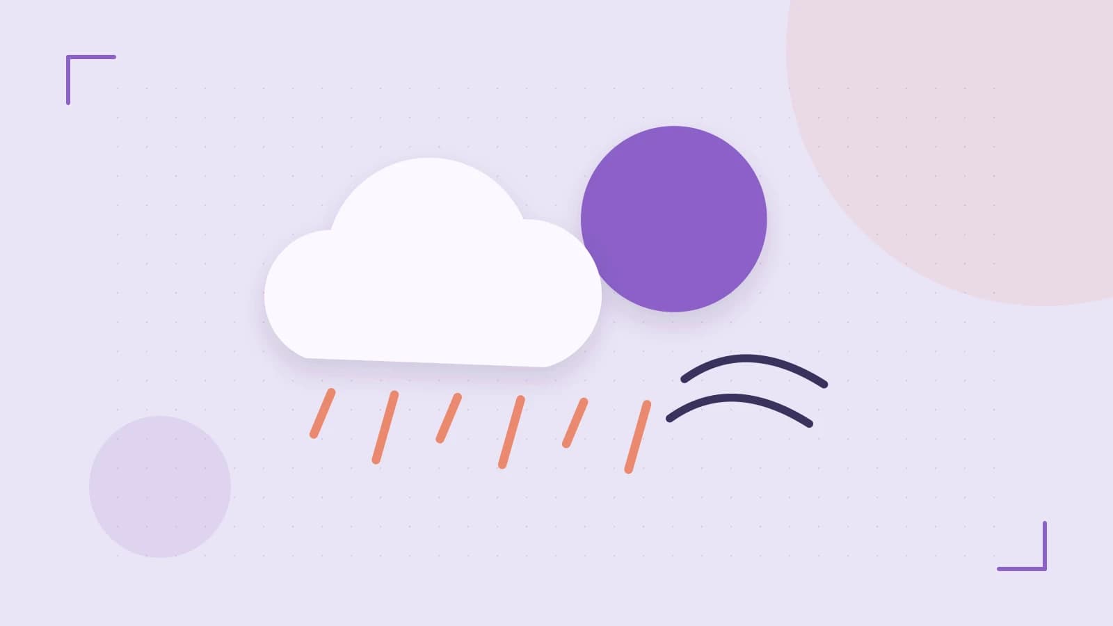 Editorial illustration of a sun, layered clouds, raindrops and flowing weather patterns