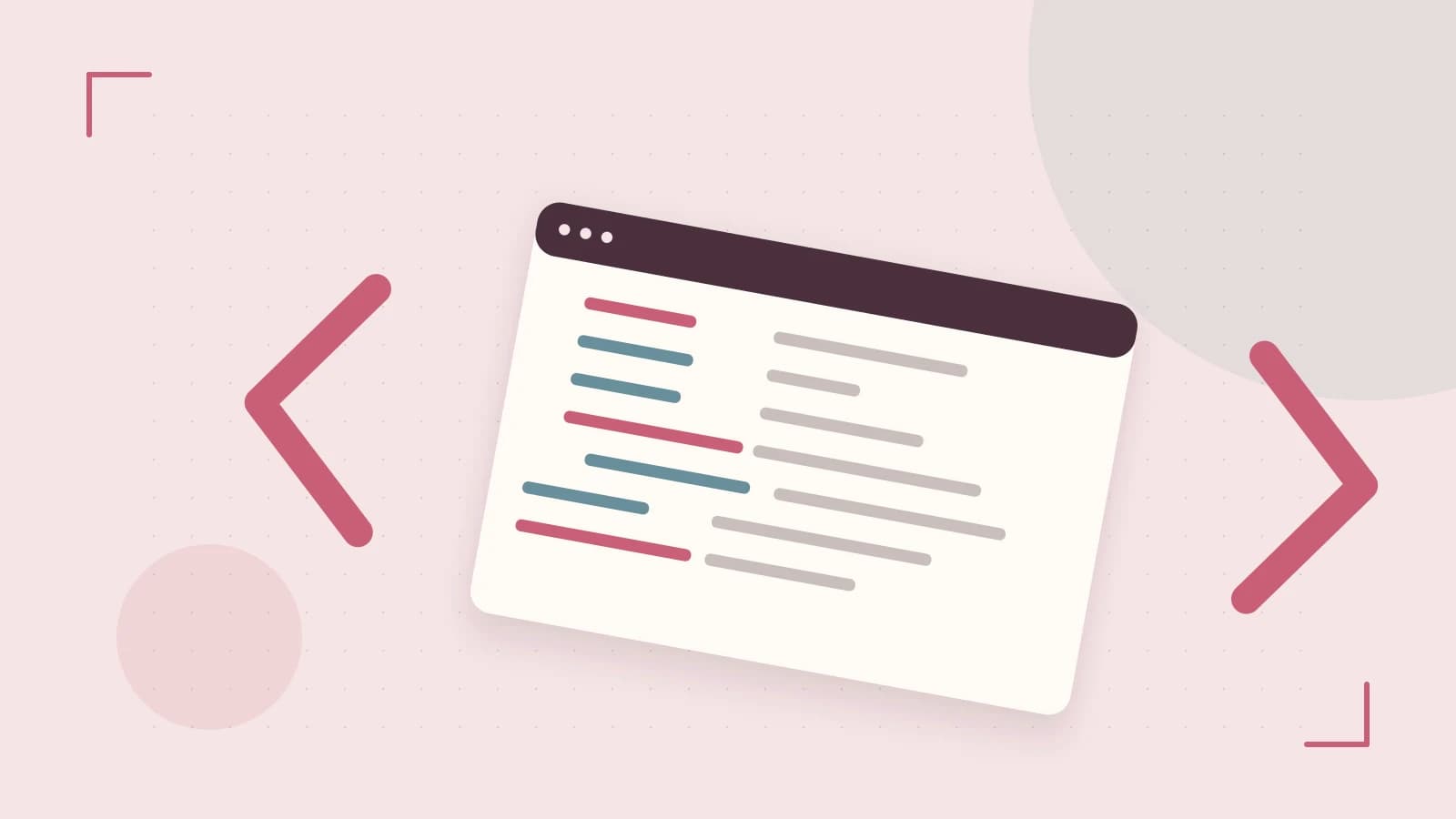 Editorial illustration of an abstract code editor, syntax blocks and oversized programming brackets
