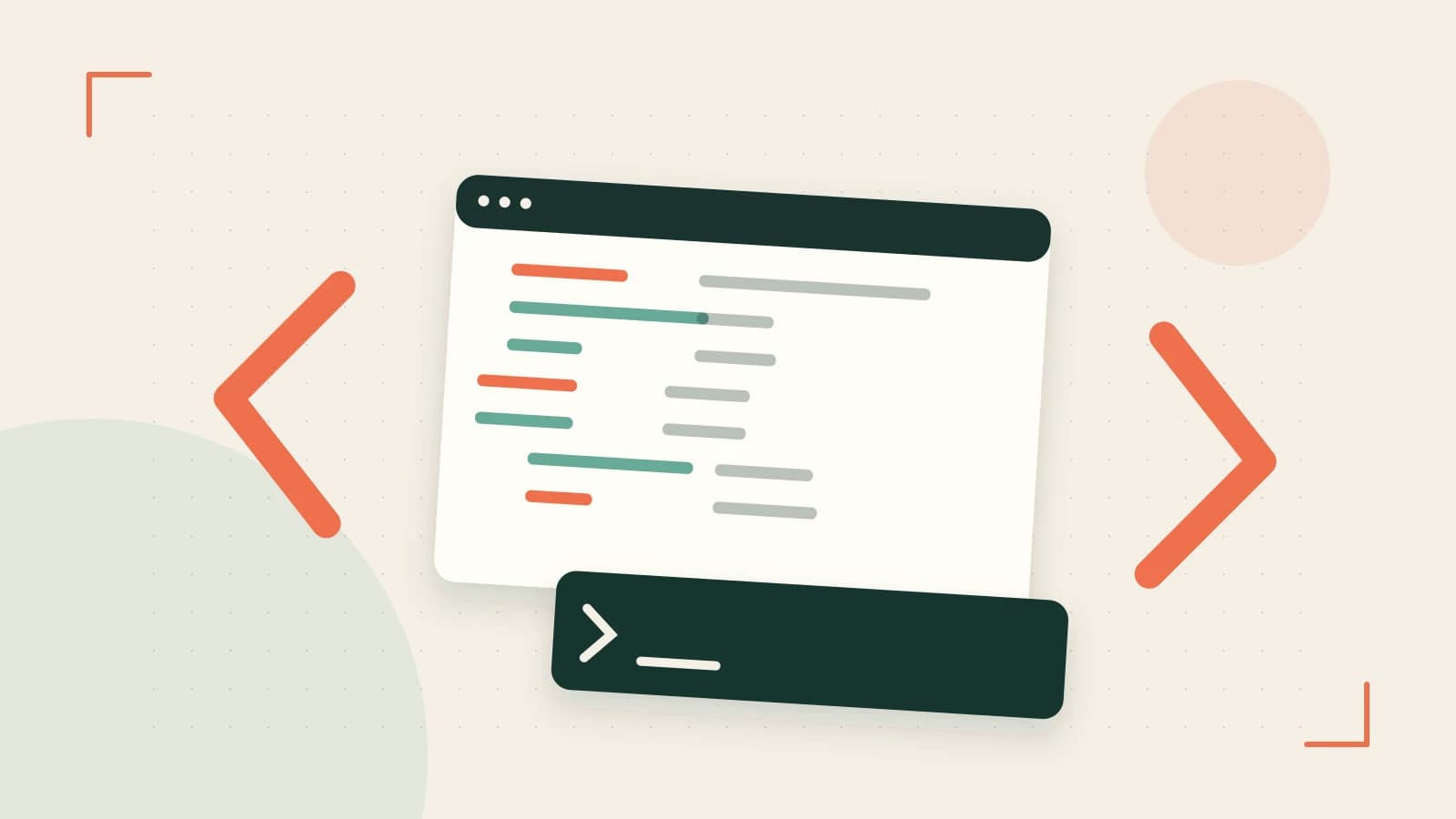Editorial illustration of an abstract code editor, syntax blocks and oversized programming brackets