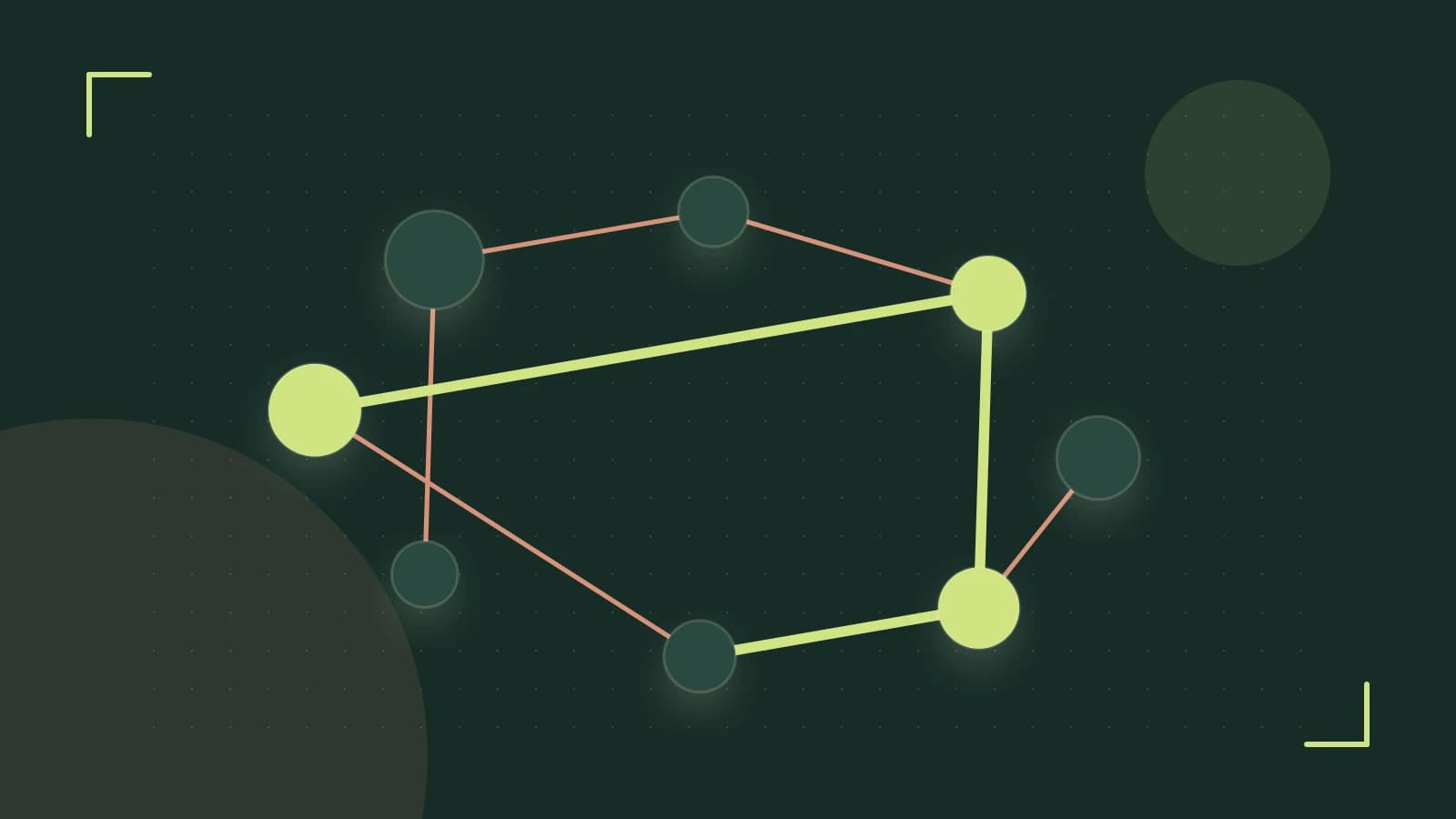 Editorial illustration of an algorithmic node graph with branching paths and a highlighted result