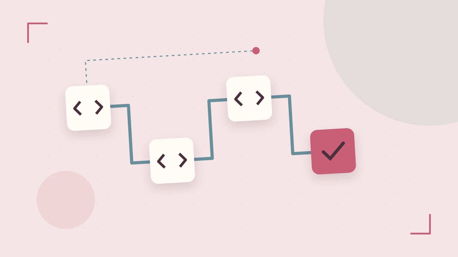Editorial illustration of a branching build pipeline, staged transformations and a completed check
