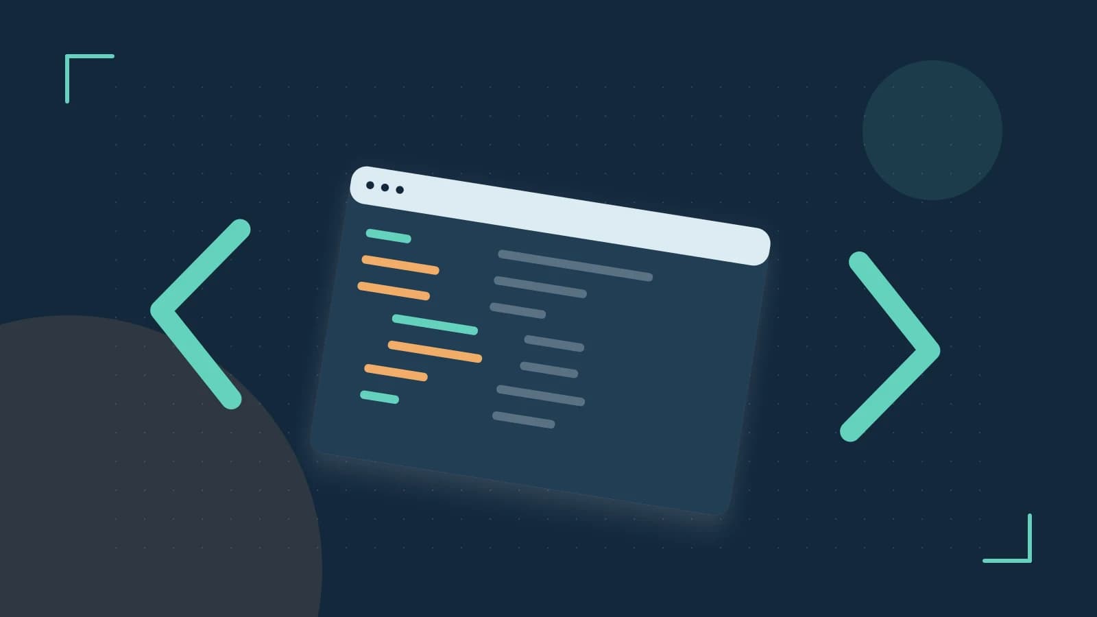 Editorial illustration of an abstract code editor, syntax blocks and oversized programming brackets