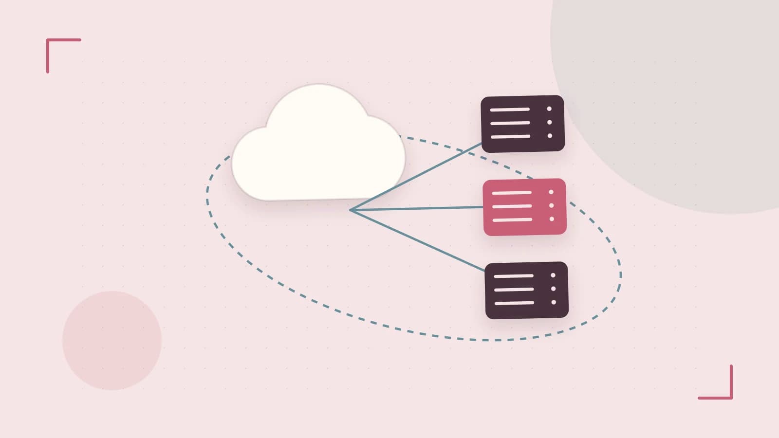 Editorial illustration of cloud infrastructure, connected server racks and an orbital service map