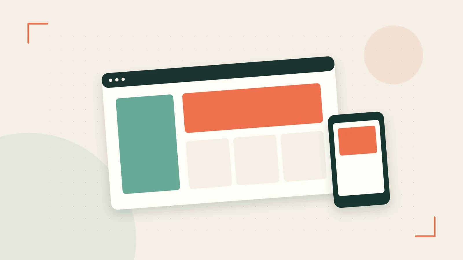 Editorial illustration of responsive browser layouts, overlapping design components and a color system