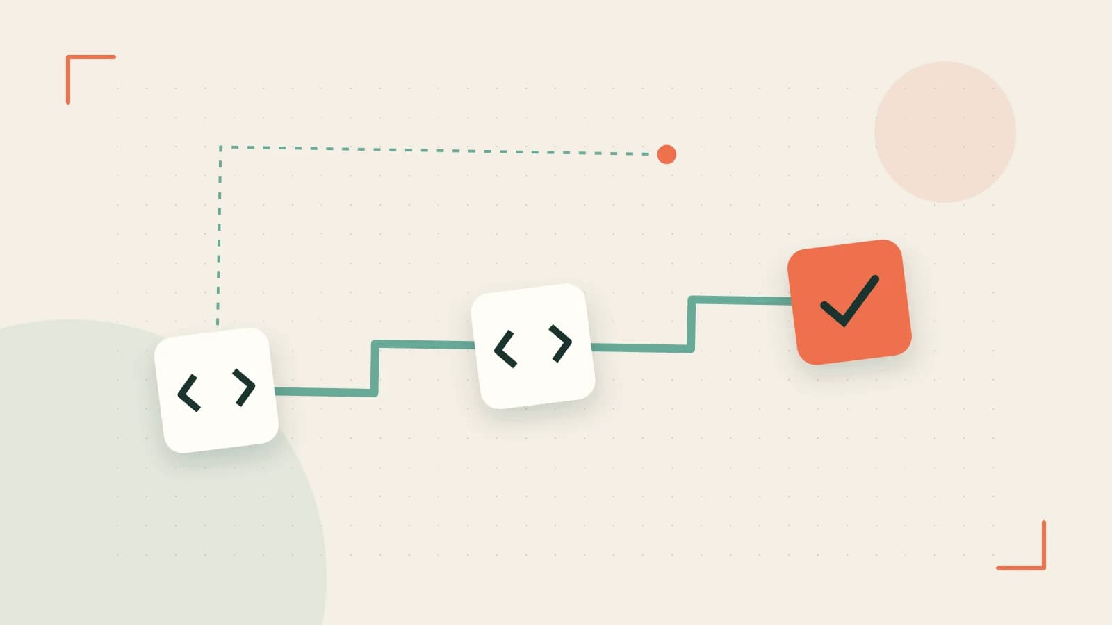 Editorial illustration of a branching build pipeline, staged transformations and a completed check