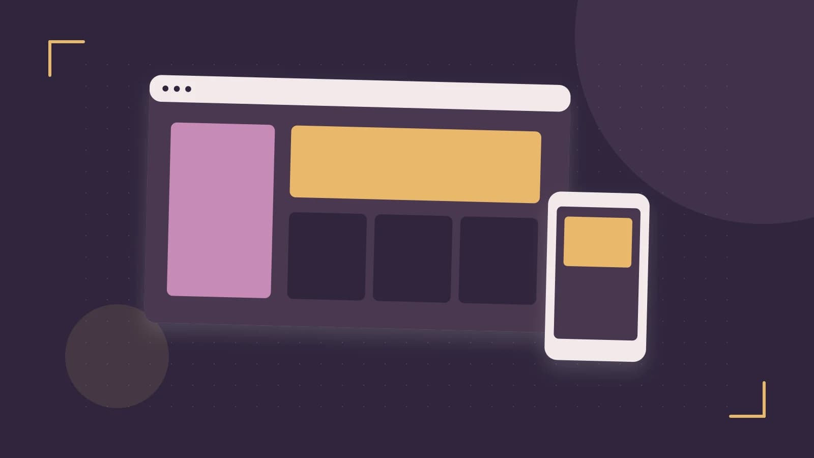 Editorial illustration of responsive browser layouts, overlapping design components and a color system
