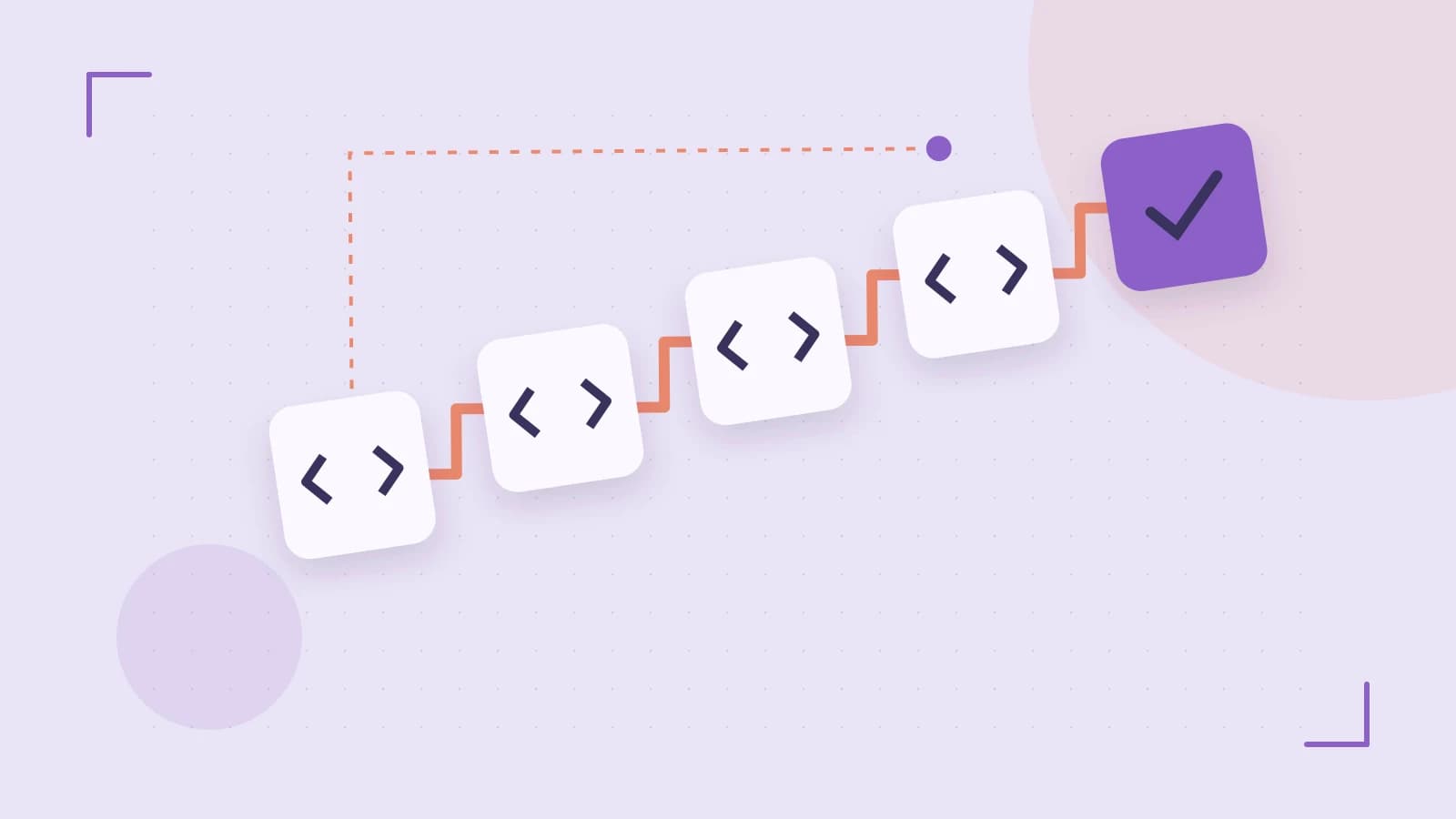 Editorial illustration of a branching build pipeline, staged transformations and a completed check