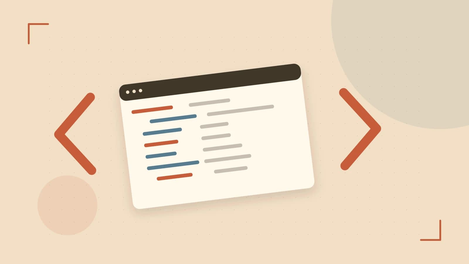Editorial illustration of an abstract code editor, syntax blocks and oversized programming brackets