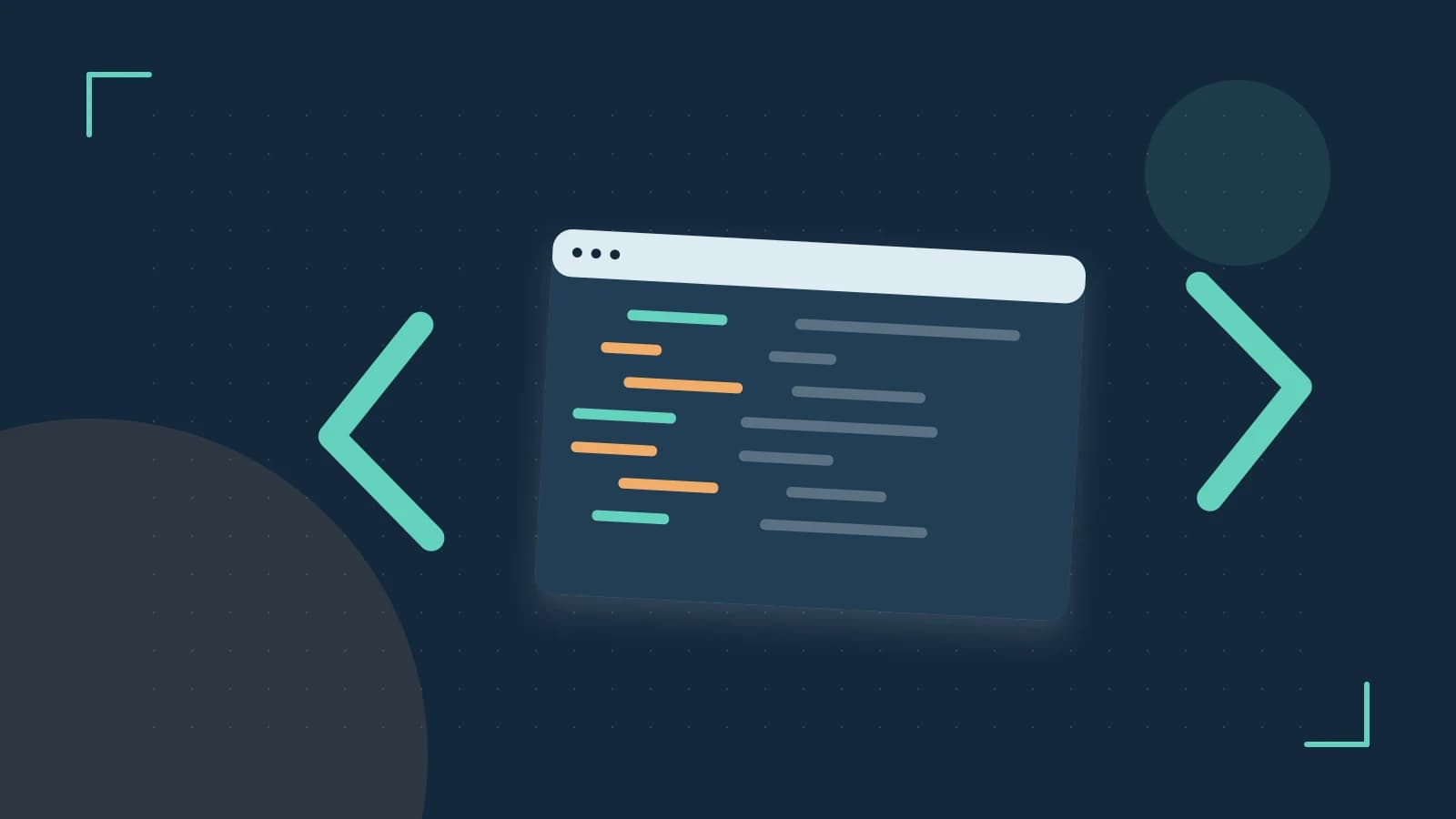 Editorial illustration of an abstract code editor, syntax blocks and oversized programming brackets