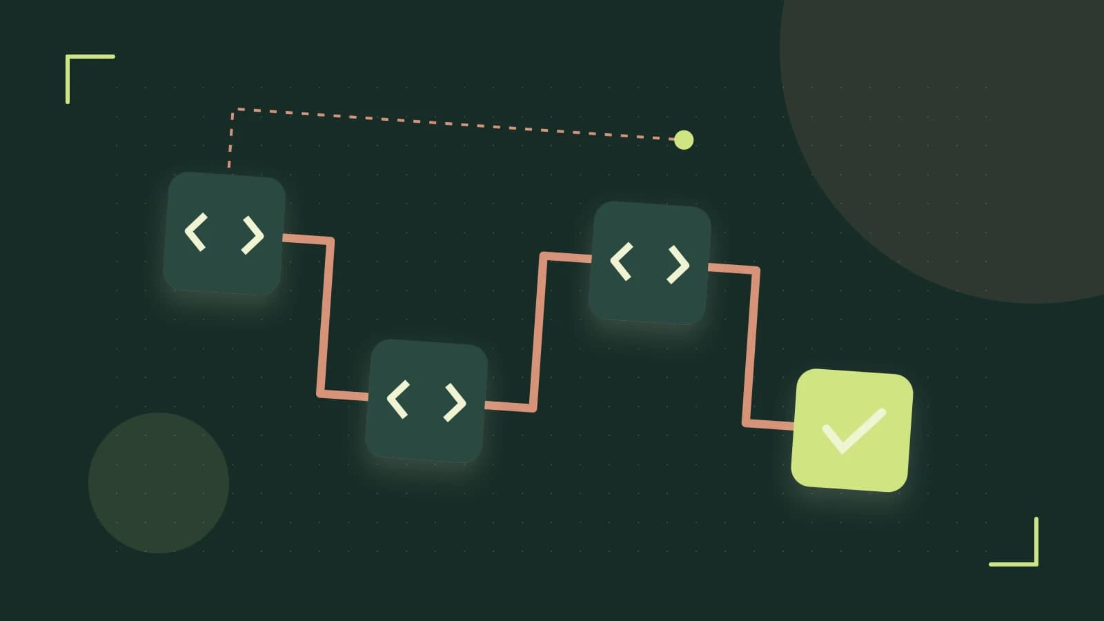 Editorial illustration of a branching build pipeline, staged transformations and a completed check