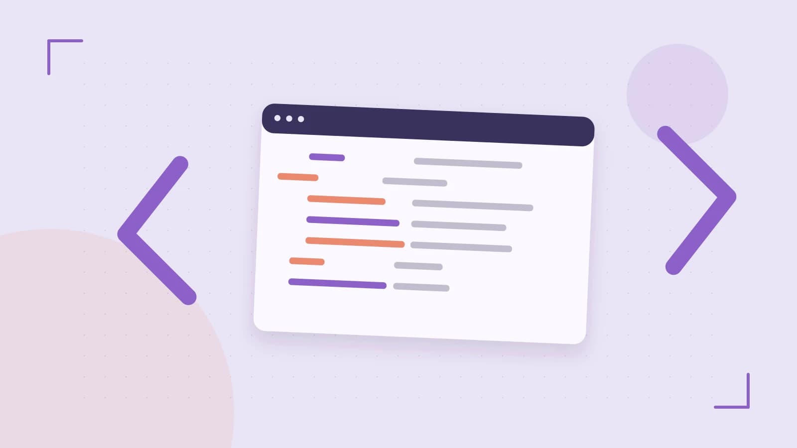 Editorial illustration of an abstract code editor, syntax blocks and oversized programming brackets