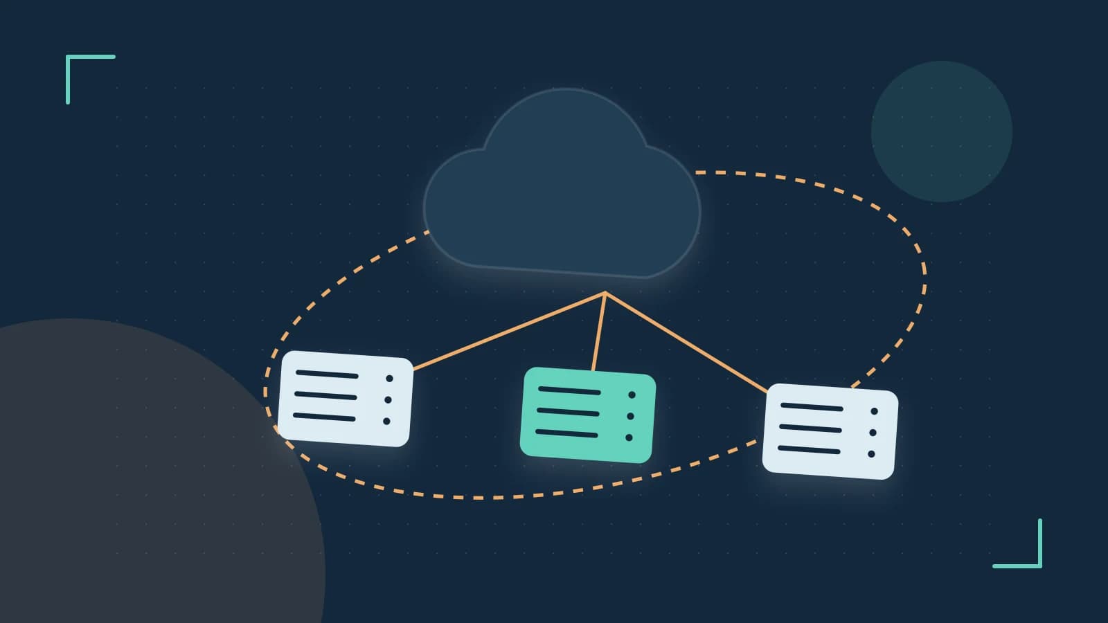 Editorial illustration of cloud infrastructure, connected server racks and an orbital service map