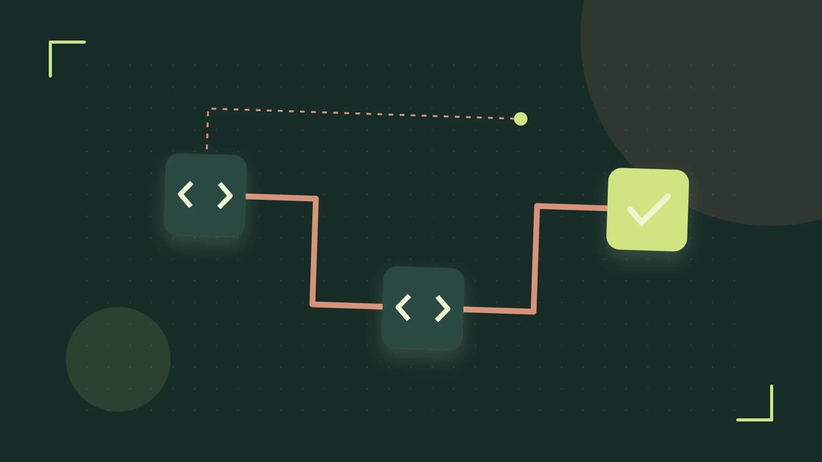 Editorial illustration of a branching build pipeline, staged transformations and a completed check