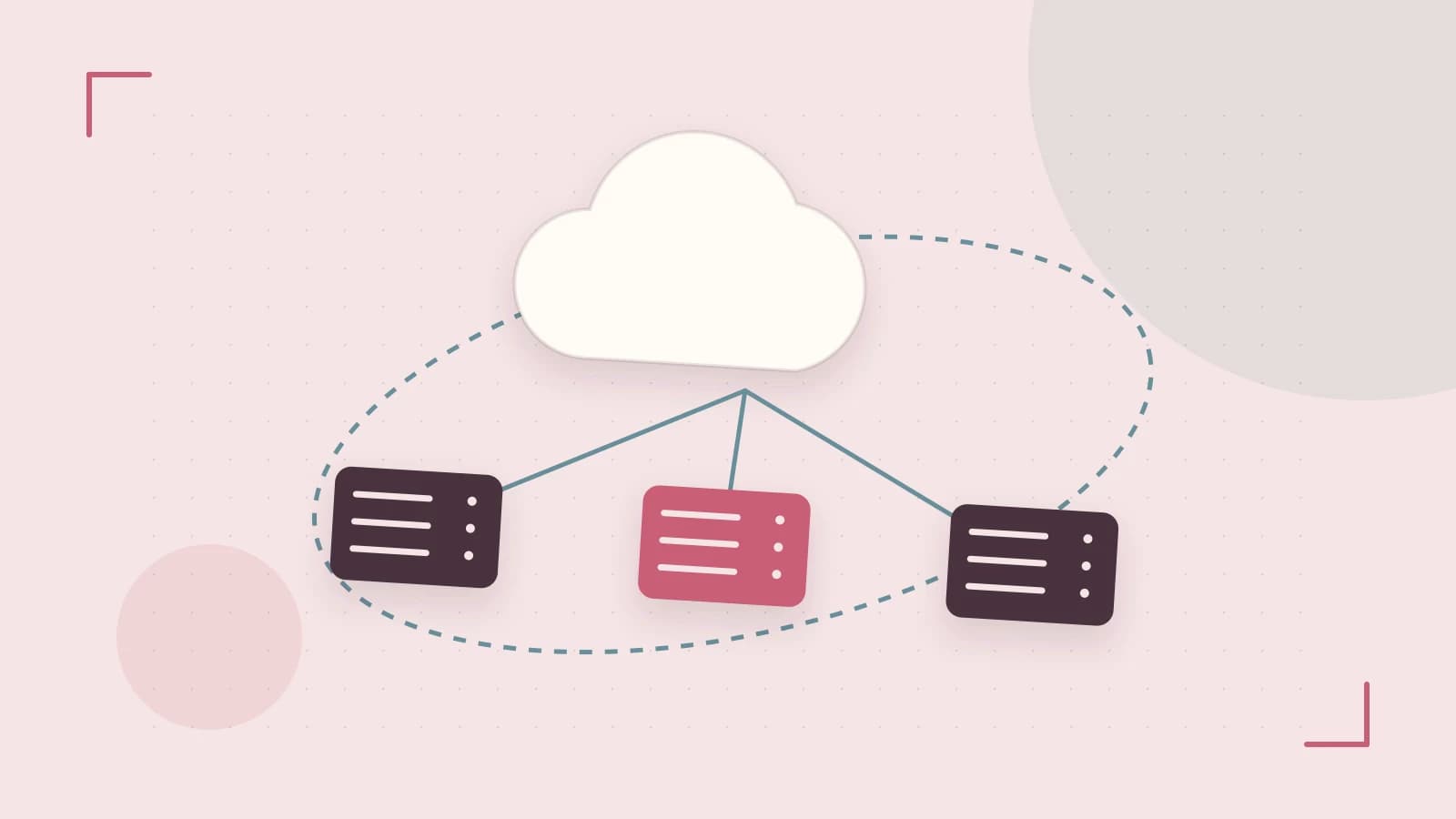 Editorial illustration of cloud infrastructure, connected server racks and an orbital service map