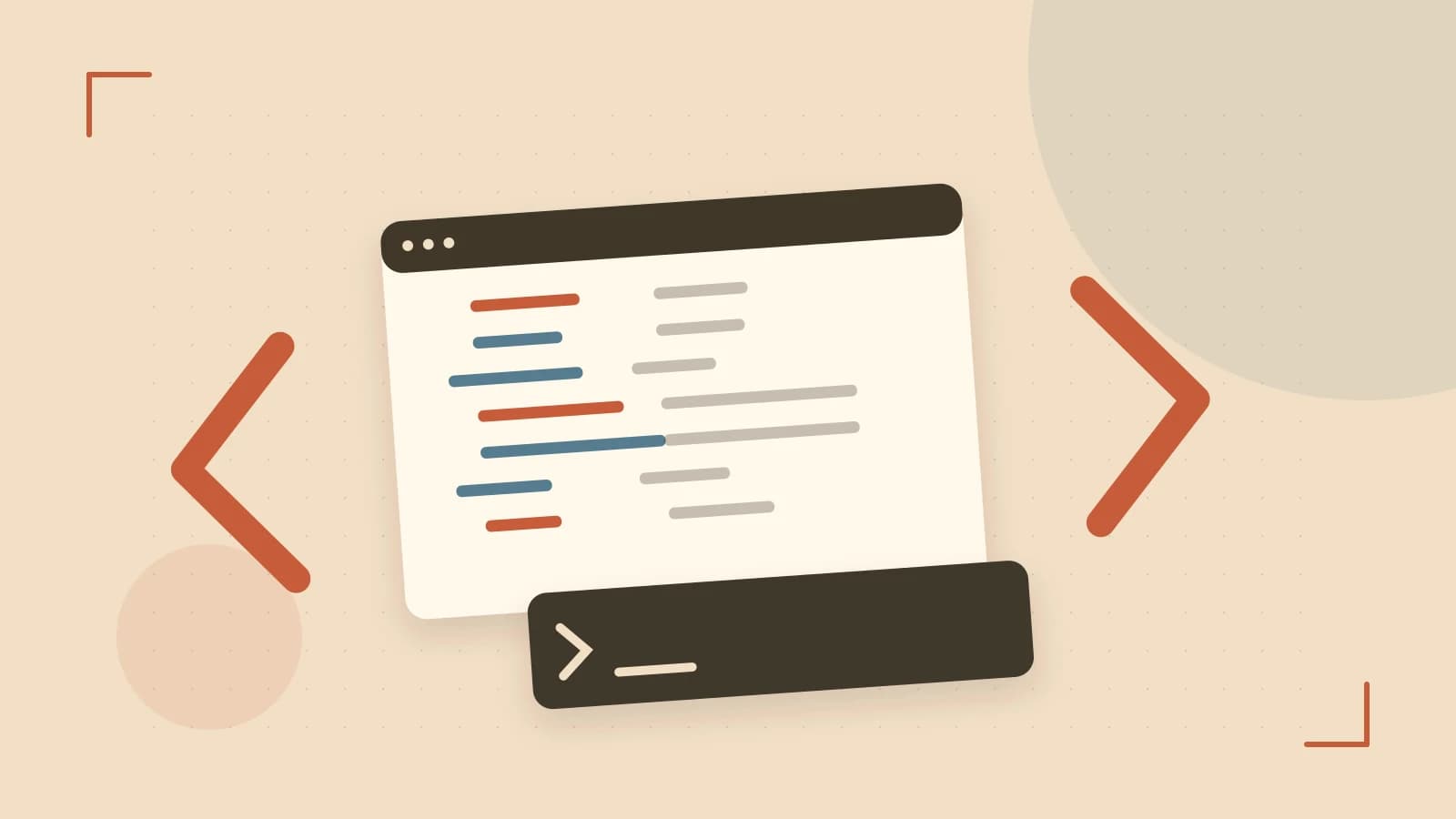 Editorial illustration of an abstract code editor, syntax blocks and oversized programming brackets