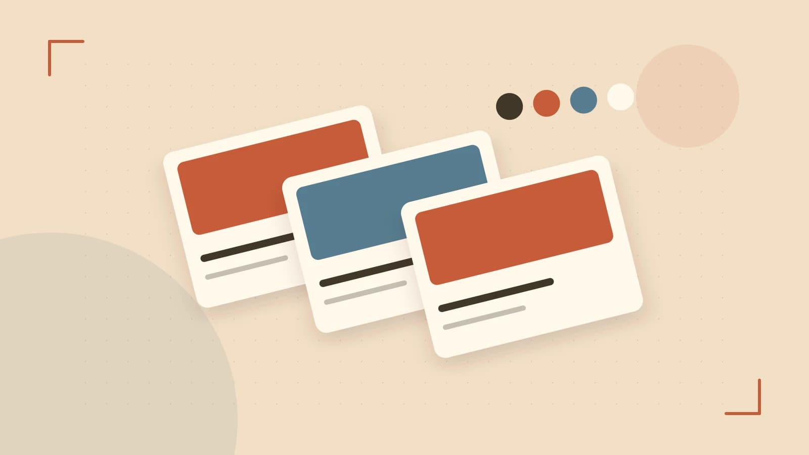 Editorial illustration of responsive browser layouts, overlapping design components and a color system