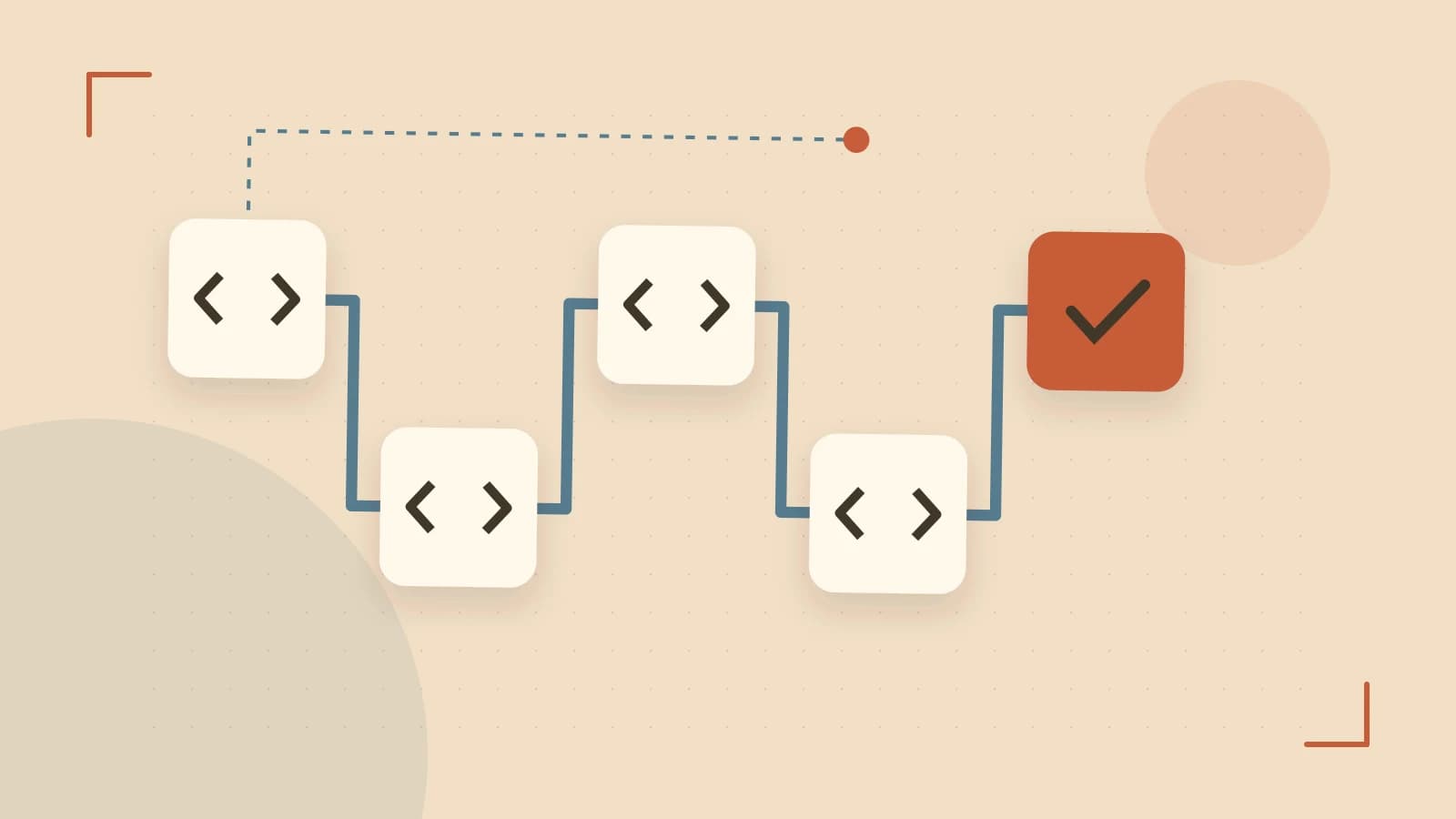 Editorial illustration of a branching build pipeline, staged transformations and a completed check