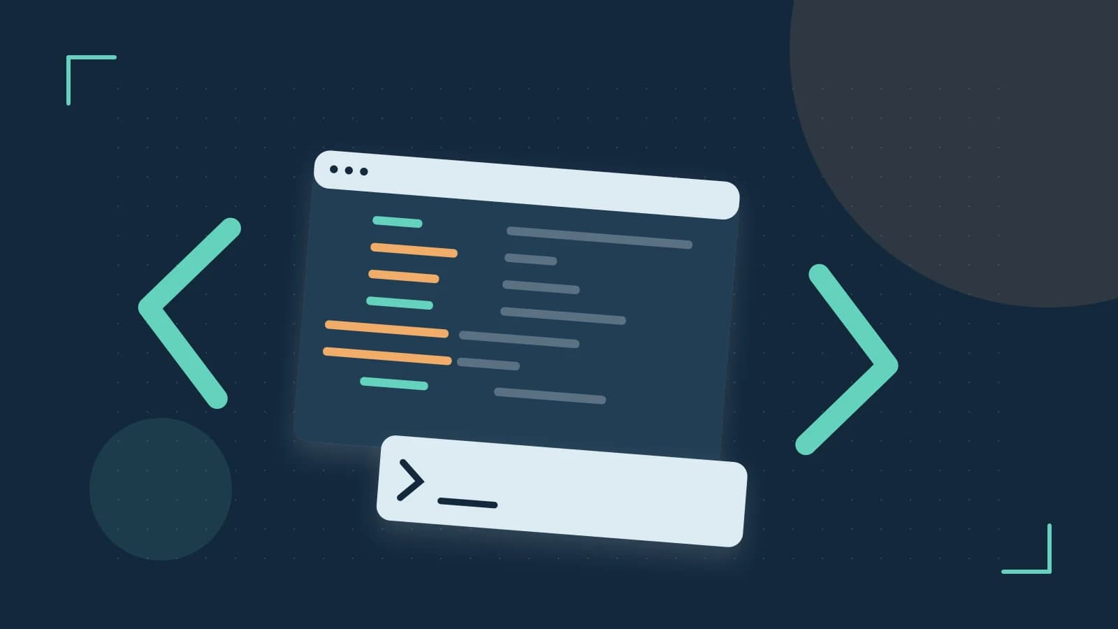 Editorial illustration of an abstract code editor, syntax blocks and oversized programming brackets