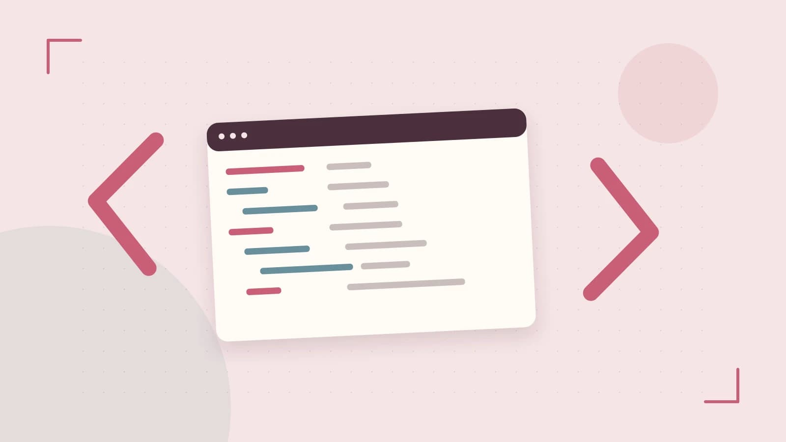 Editorial illustration of an abstract code editor, syntax blocks and oversized programming brackets