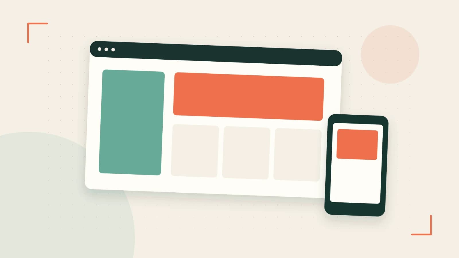Editorial illustration of responsive browser layouts, overlapping design components and a color system