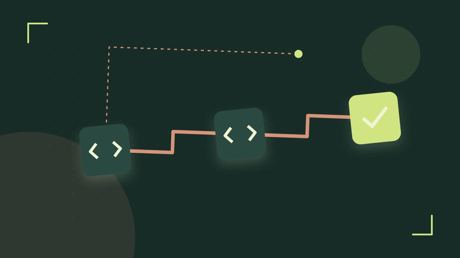 Editorial illustration of a branching build pipeline, staged transformations and a completed check