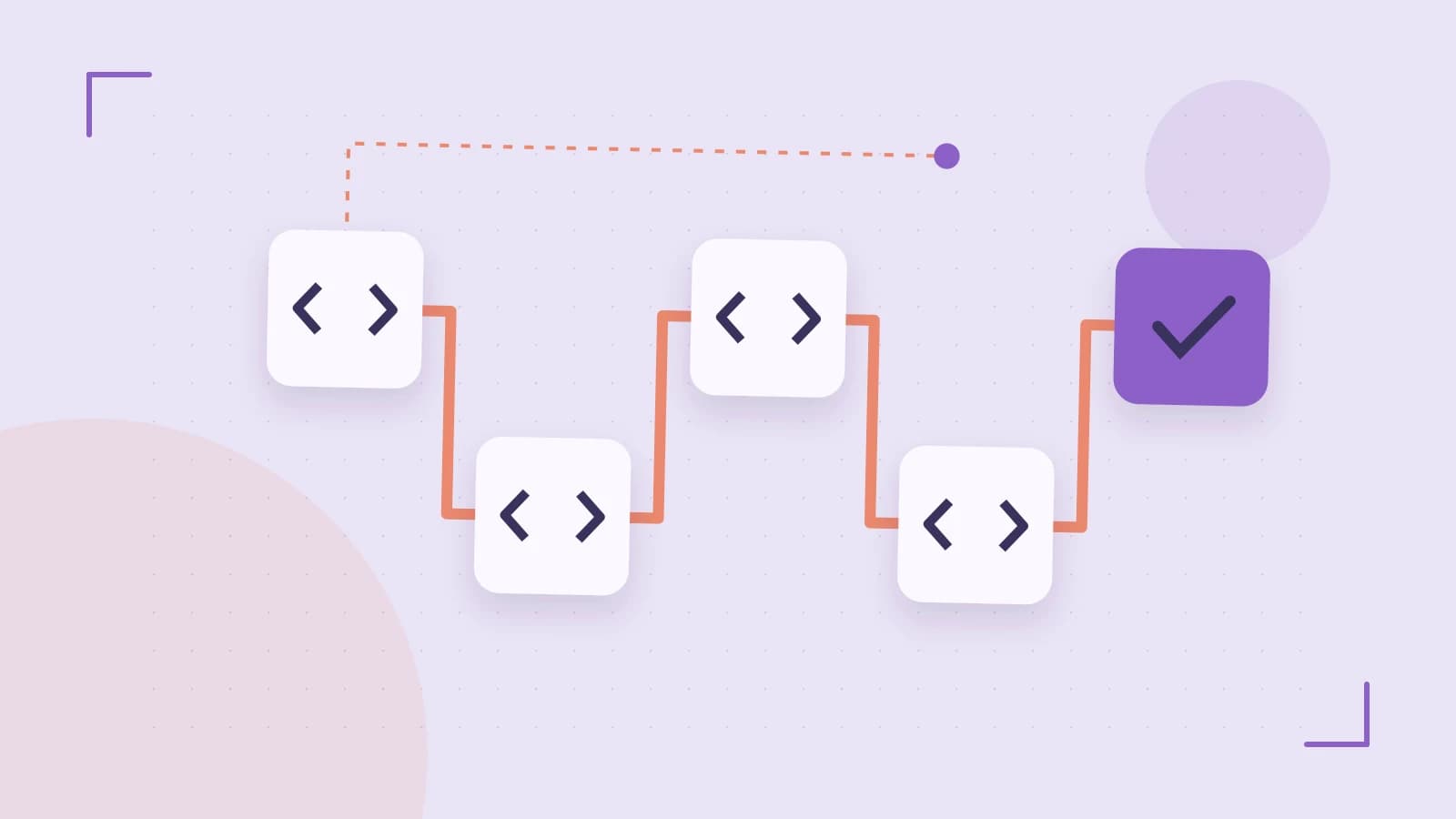 Editorial illustration of a branching build pipeline, staged transformations and a completed check