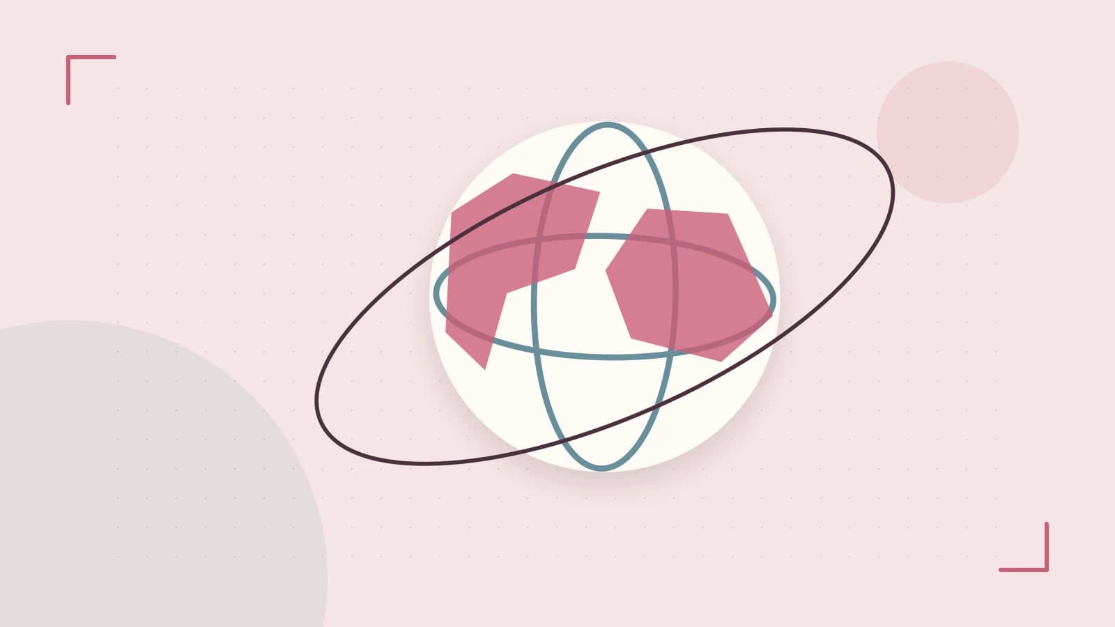 Editorial illustration of an editorial globe with meridians and layered geographic shapes