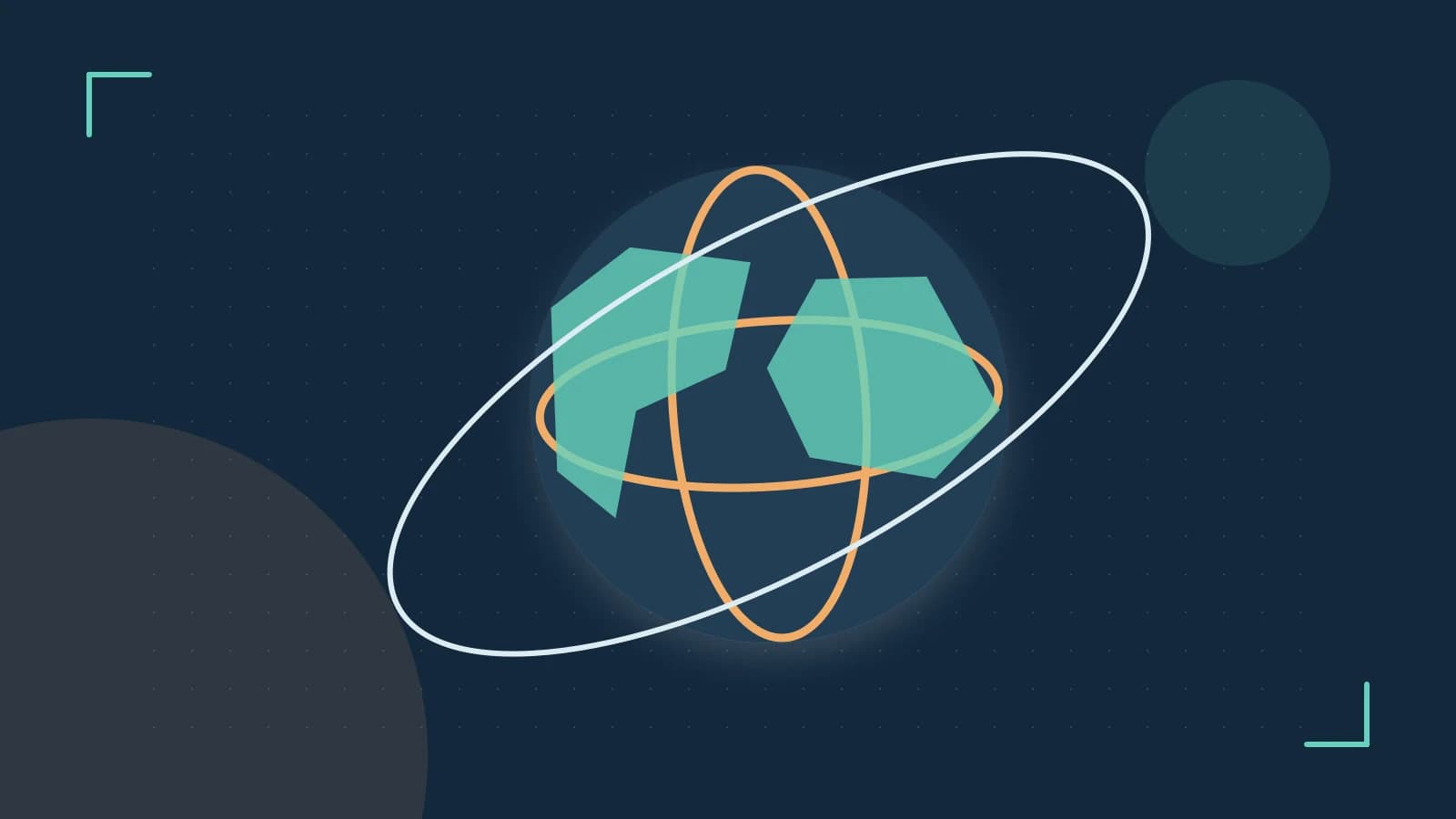 Editorial illustration of an editorial globe with meridians and layered geographic shapes