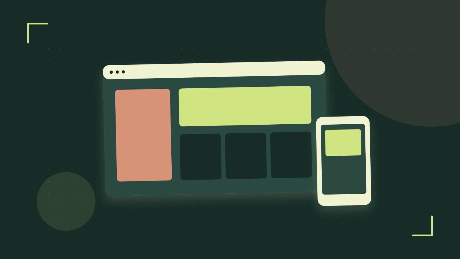 Editorial illustration of responsive browser layouts, overlapping design components and a color system
