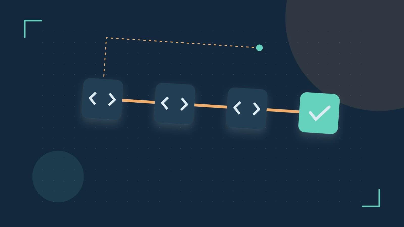 Editorial illustration of a branching build pipeline, staged transformations and a completed check
