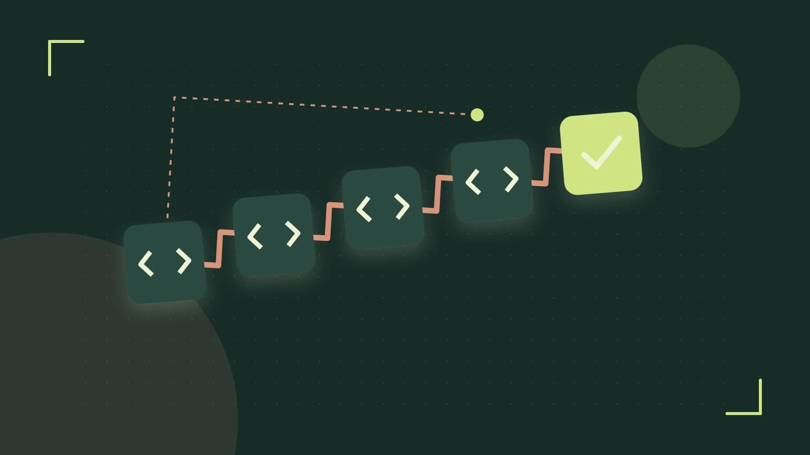 Editorial illustration of a branching build pipeline, staged transformations and a completed check