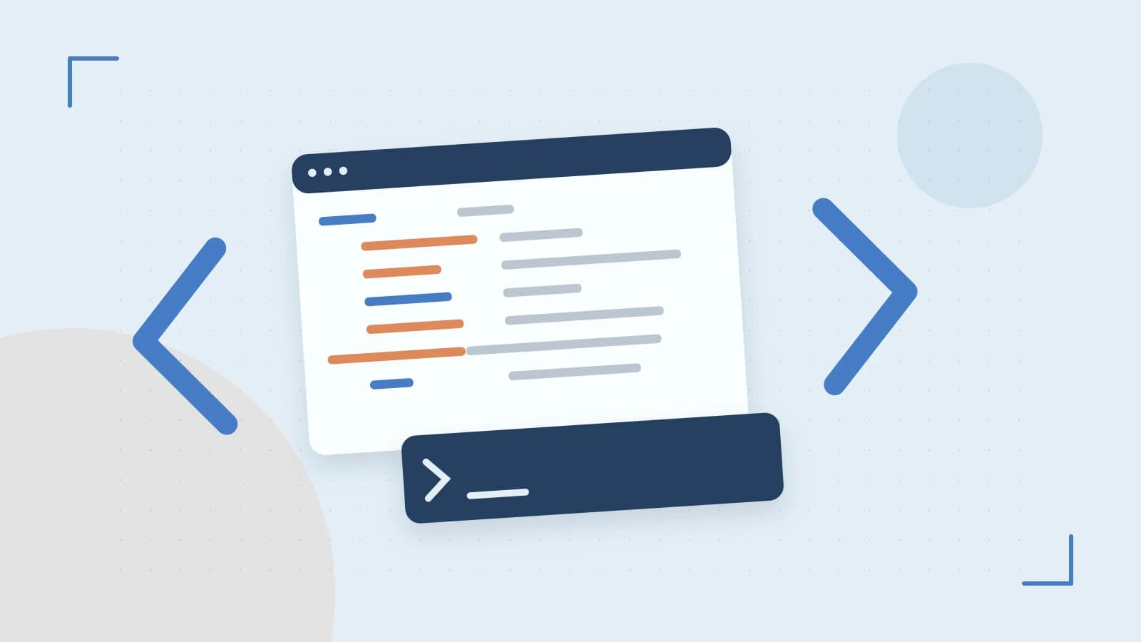 Editorial illustration of an abstract code editor, syntax blocks and oversized programming brackets