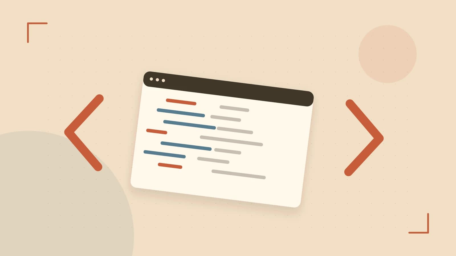 Editorial illustration of an abstract code editor, syntax blocks and oversized programming brackets